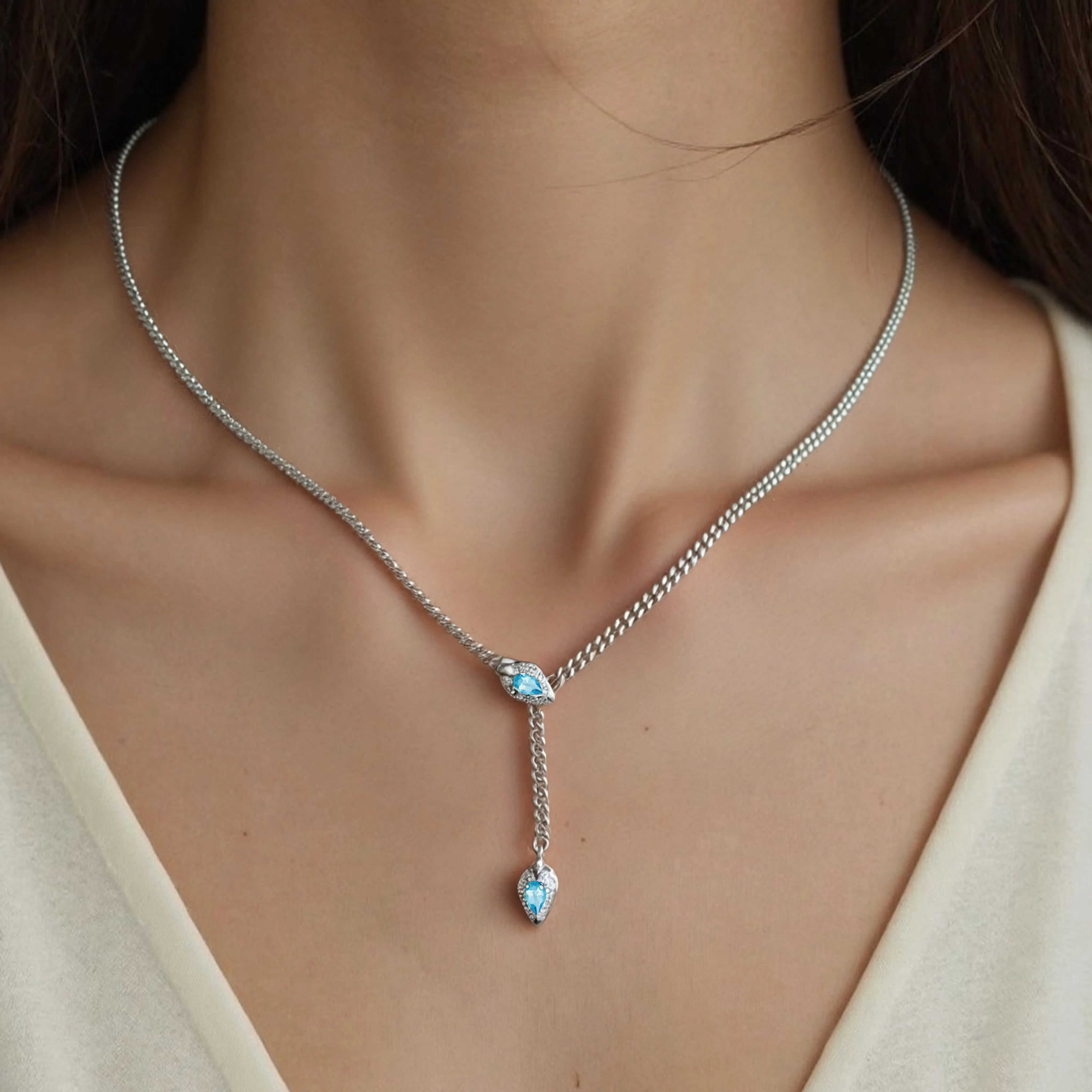 Lab Grown Aquamarine Snake Pendant Cuban Necklace