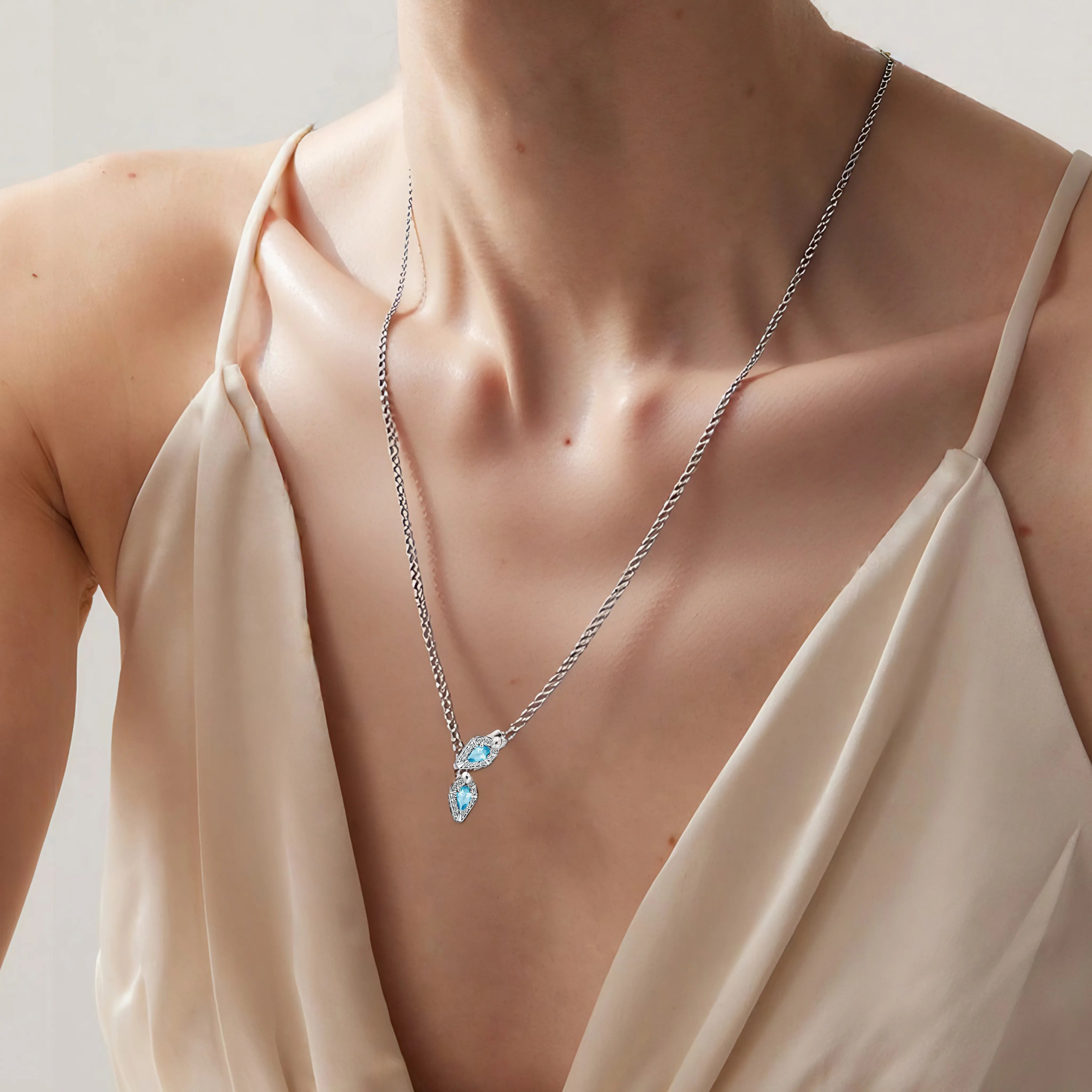 Lab Grown Aquamarine Snake Pendant Cuban Necklace