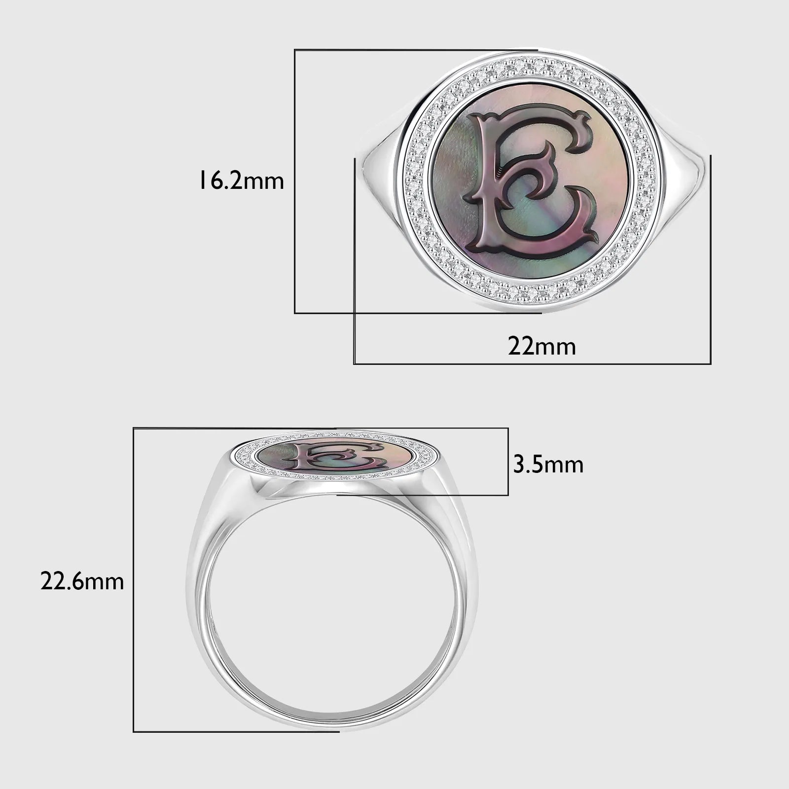 Initial E Letter Series Mother of Pearl and Diamond Signet Ring