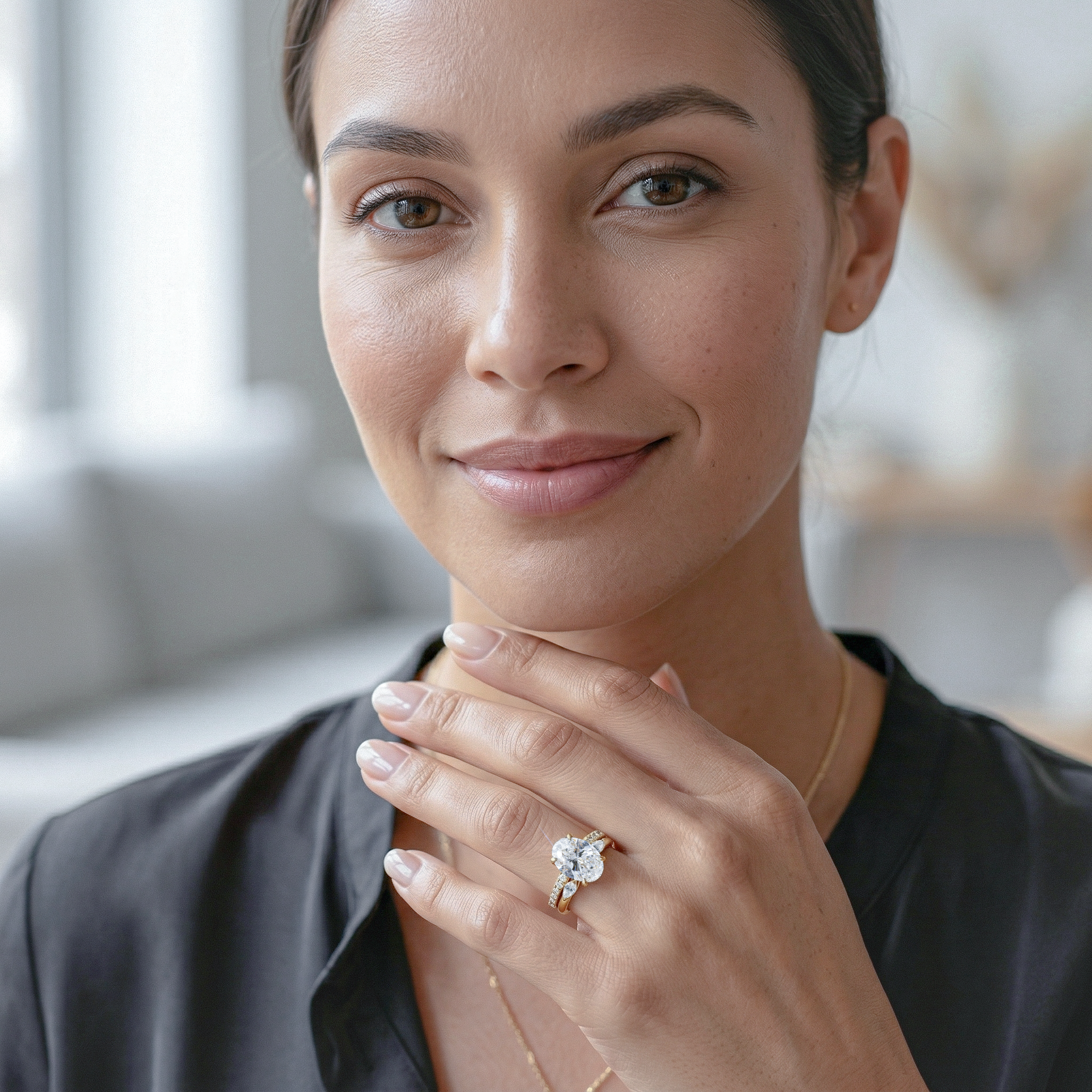 Woman wearing a oval diamond ring set