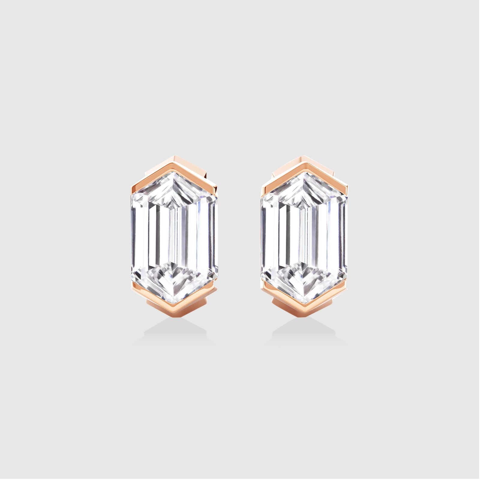 Rose Gold Hexagon Diamond Earrings. Modern, geometric design.