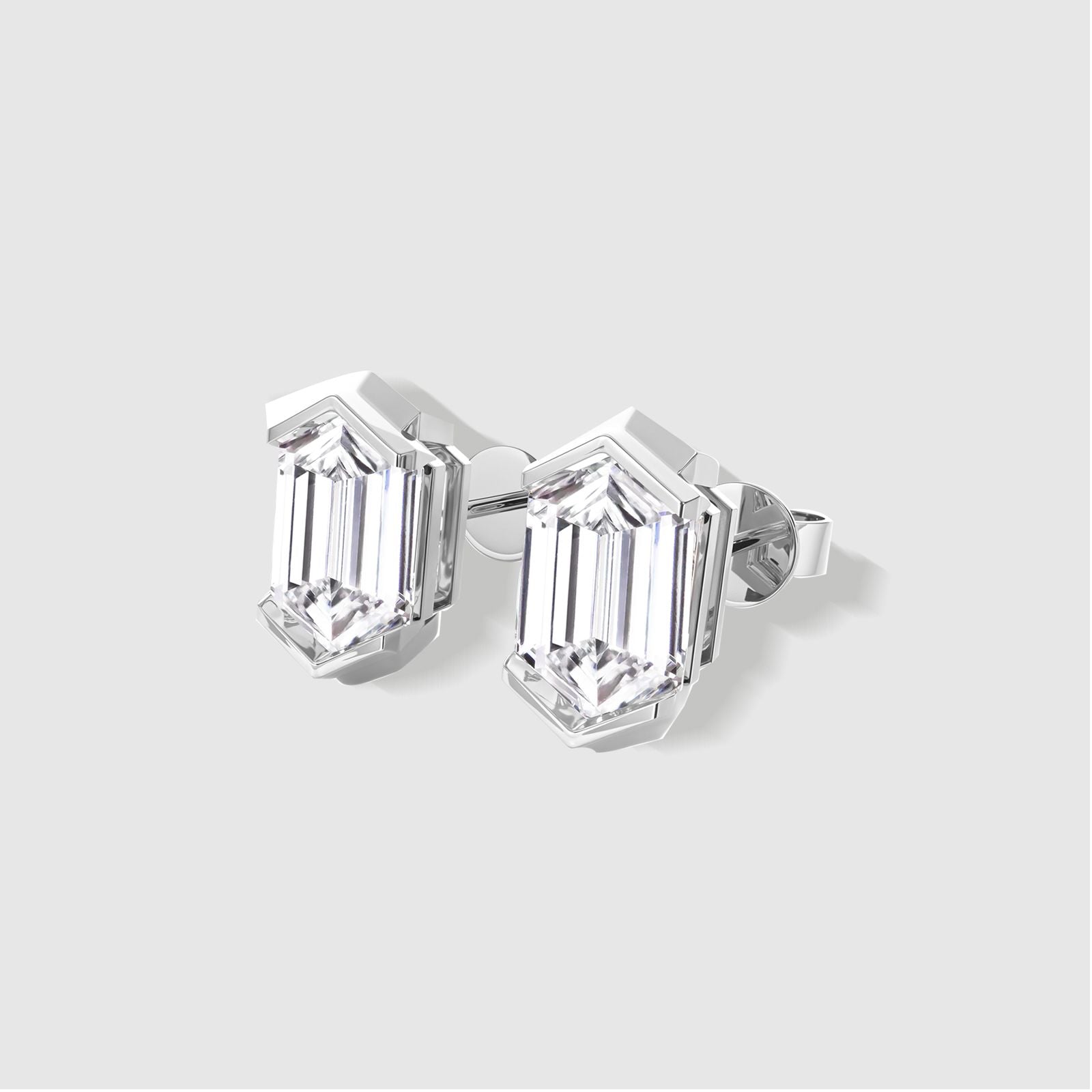 Classic Long Hexagon Diamond Stud Earrings in white gold