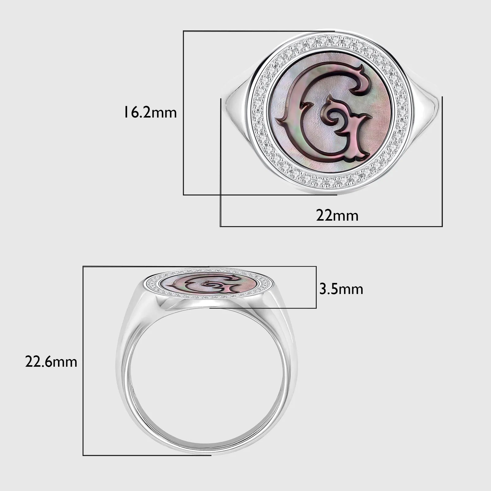 Initial G Letter Series Mother of Pearl and Diamond Signet Ring
