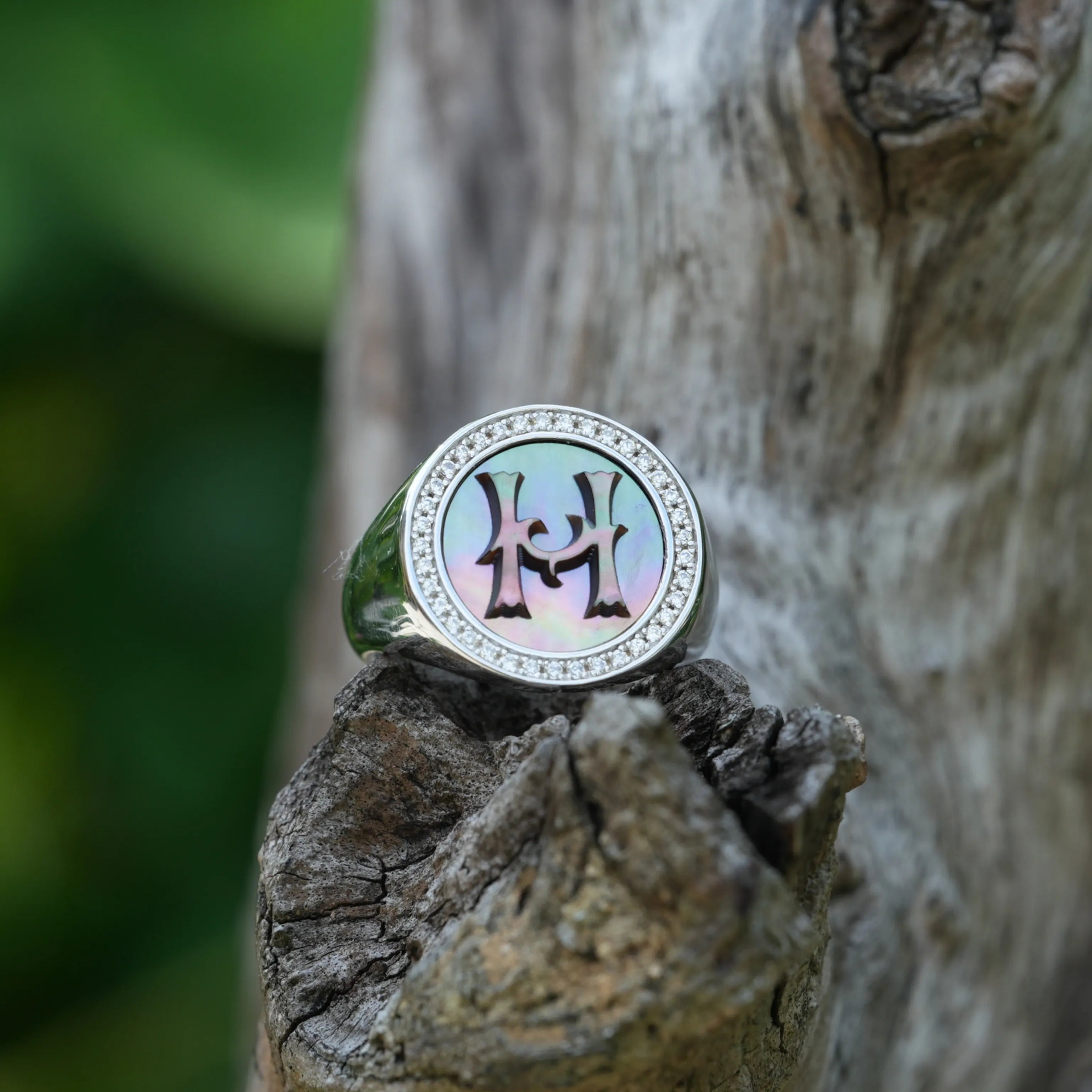 Initial H Letter Series Mother of Pearl and Diamond Signet Ring