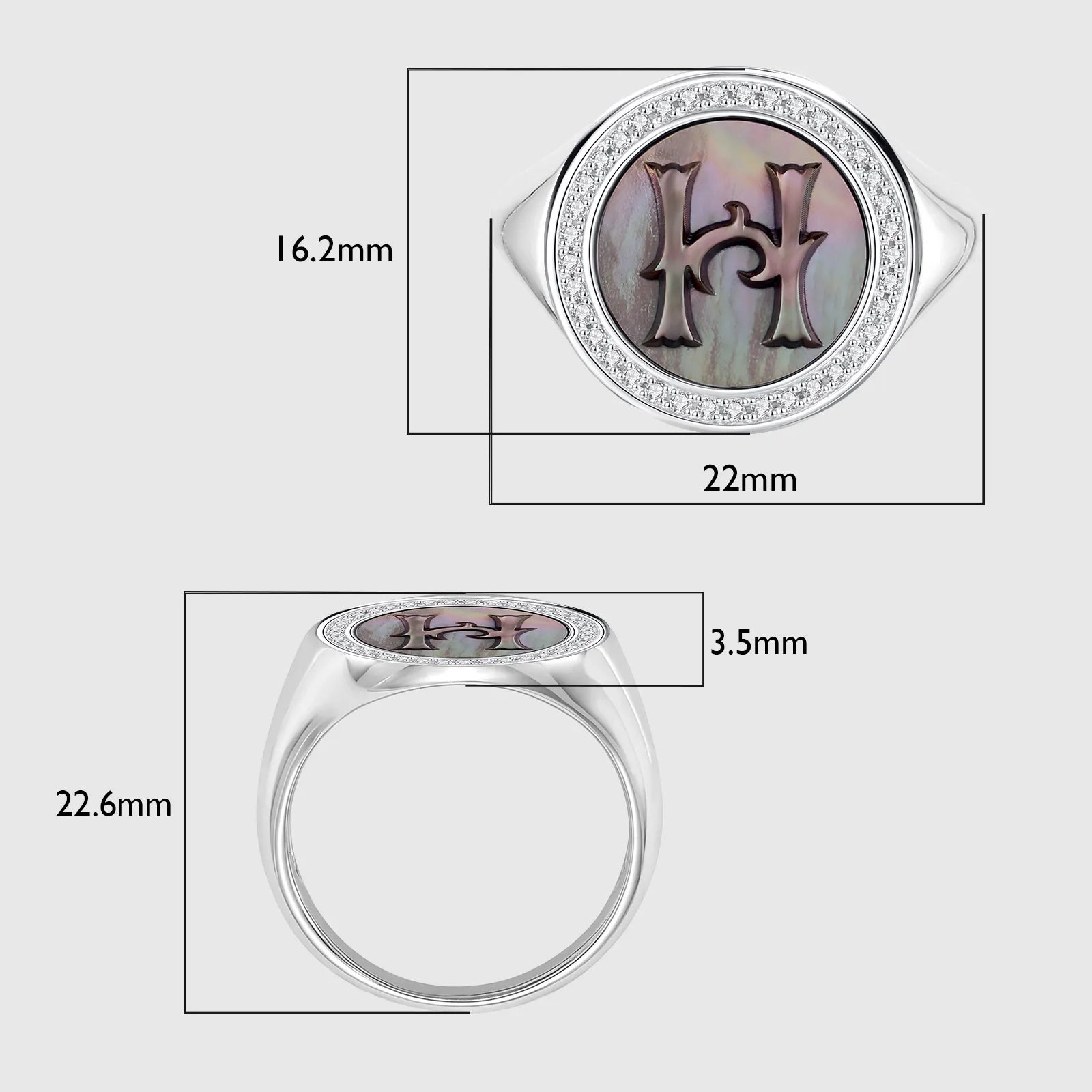 Initial H Letter Series Mother of Pearl and Diamond Signet Ring