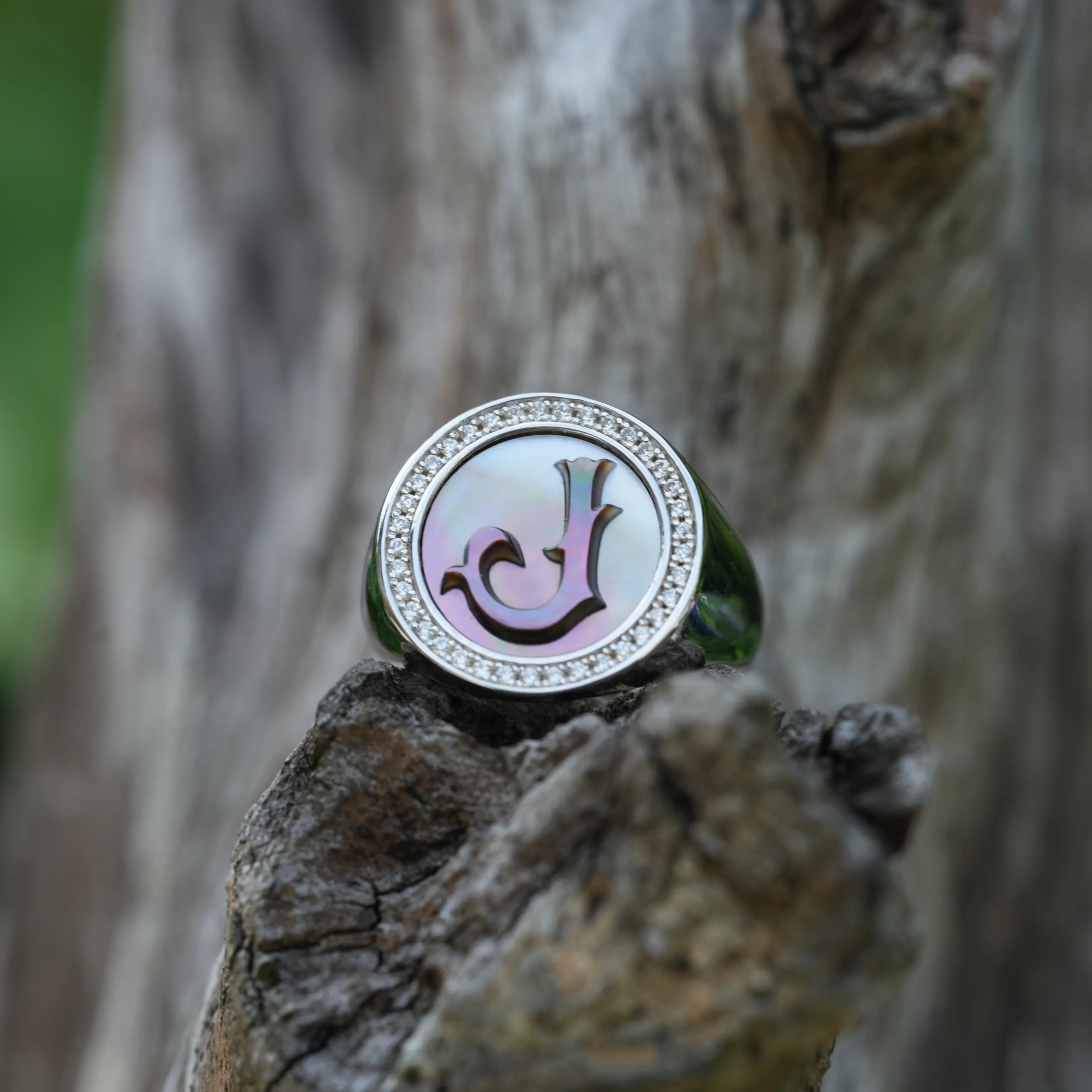 Initial J Letter Series Mother of Pearl and Diamond Signet Ring