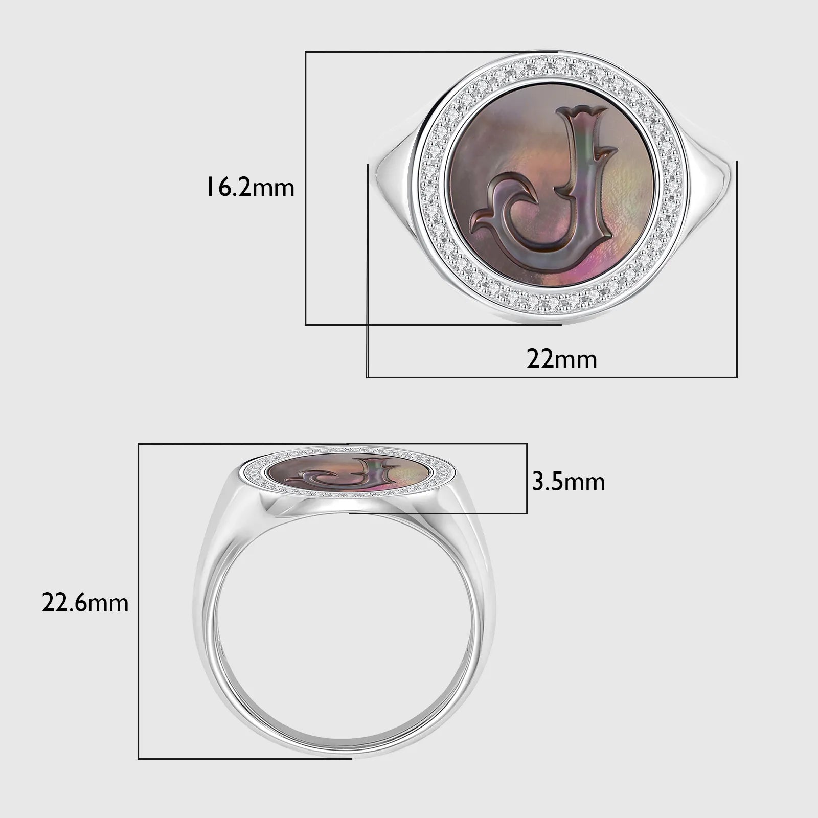 Initial J Letter Series Mother of Pearl and Diamond Signet Ring