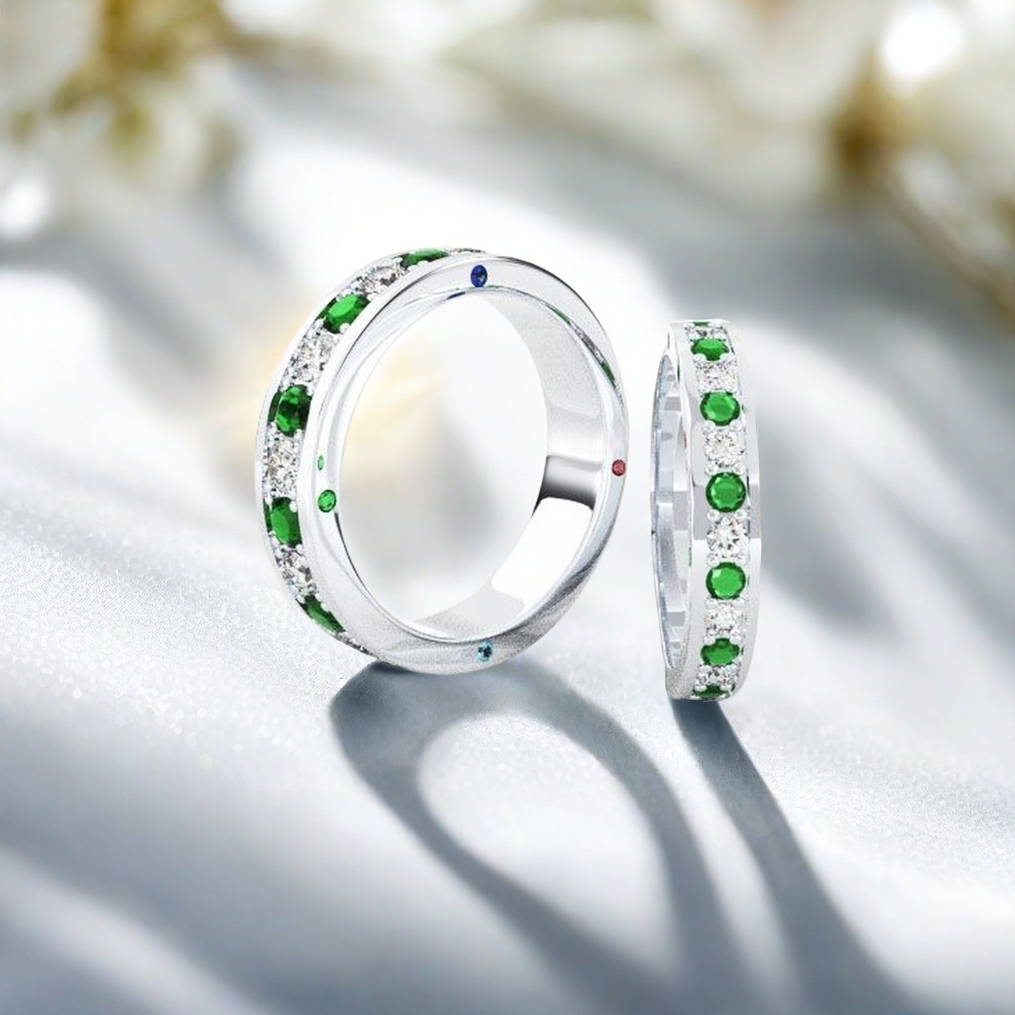 Emerald and Diamond Eternity Ring with Multi-Gemstone, silver band