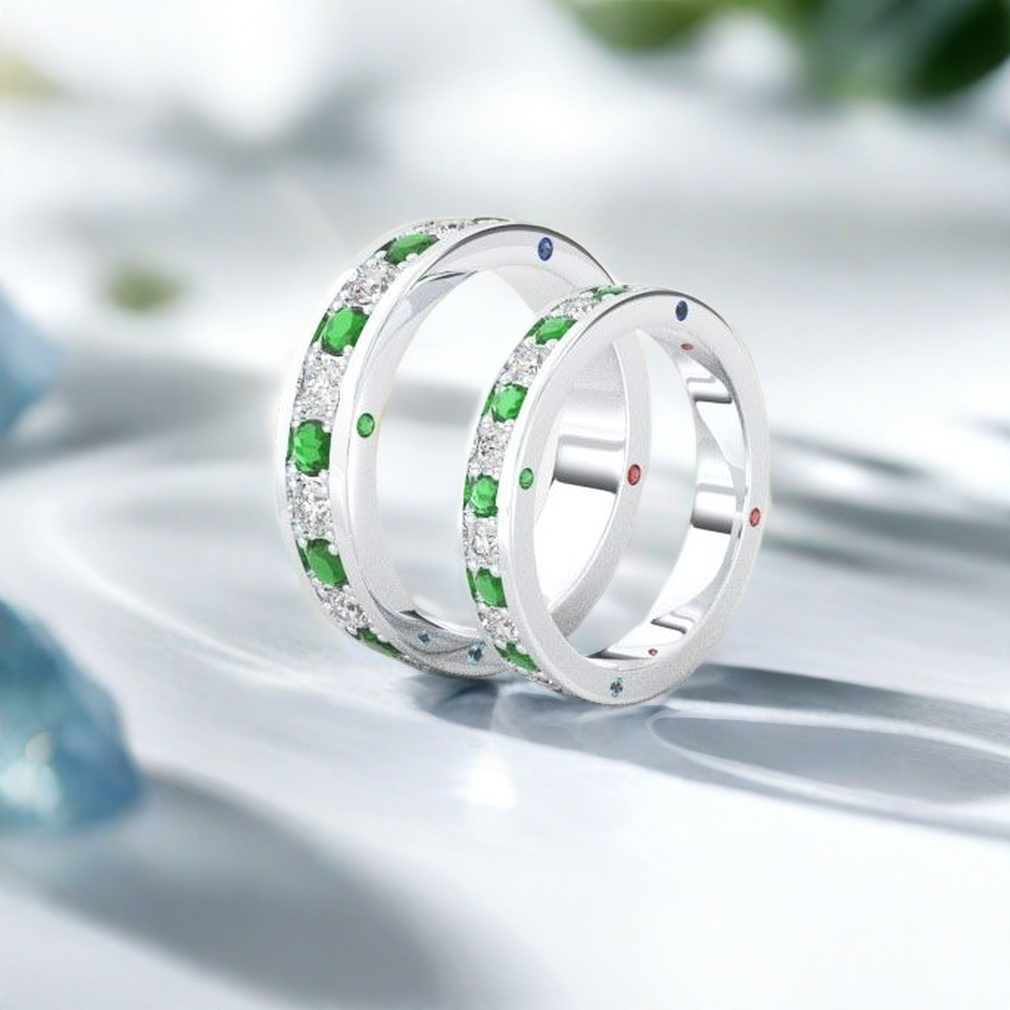 Silver Emerald Diamond Eternity Ring with Multi-Gemstone
