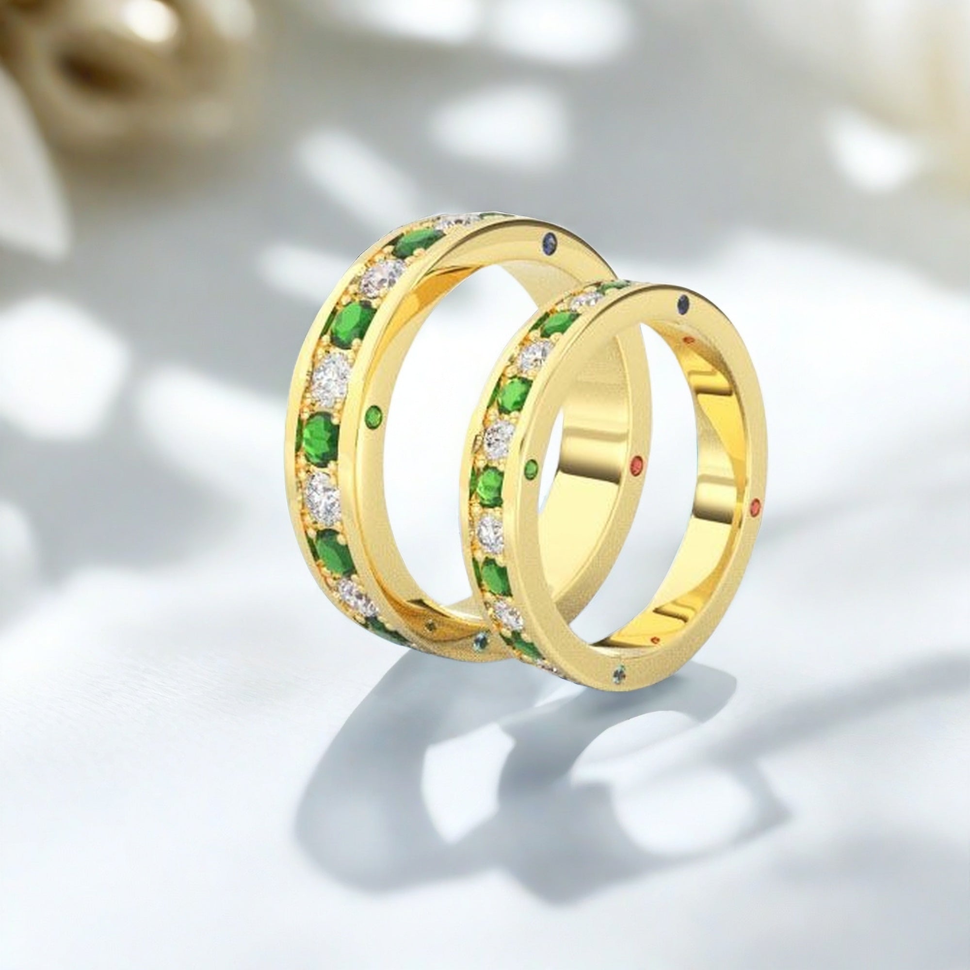 Emerald and Diamond Eternity Ring with Multi-Gemstone, Gold Band