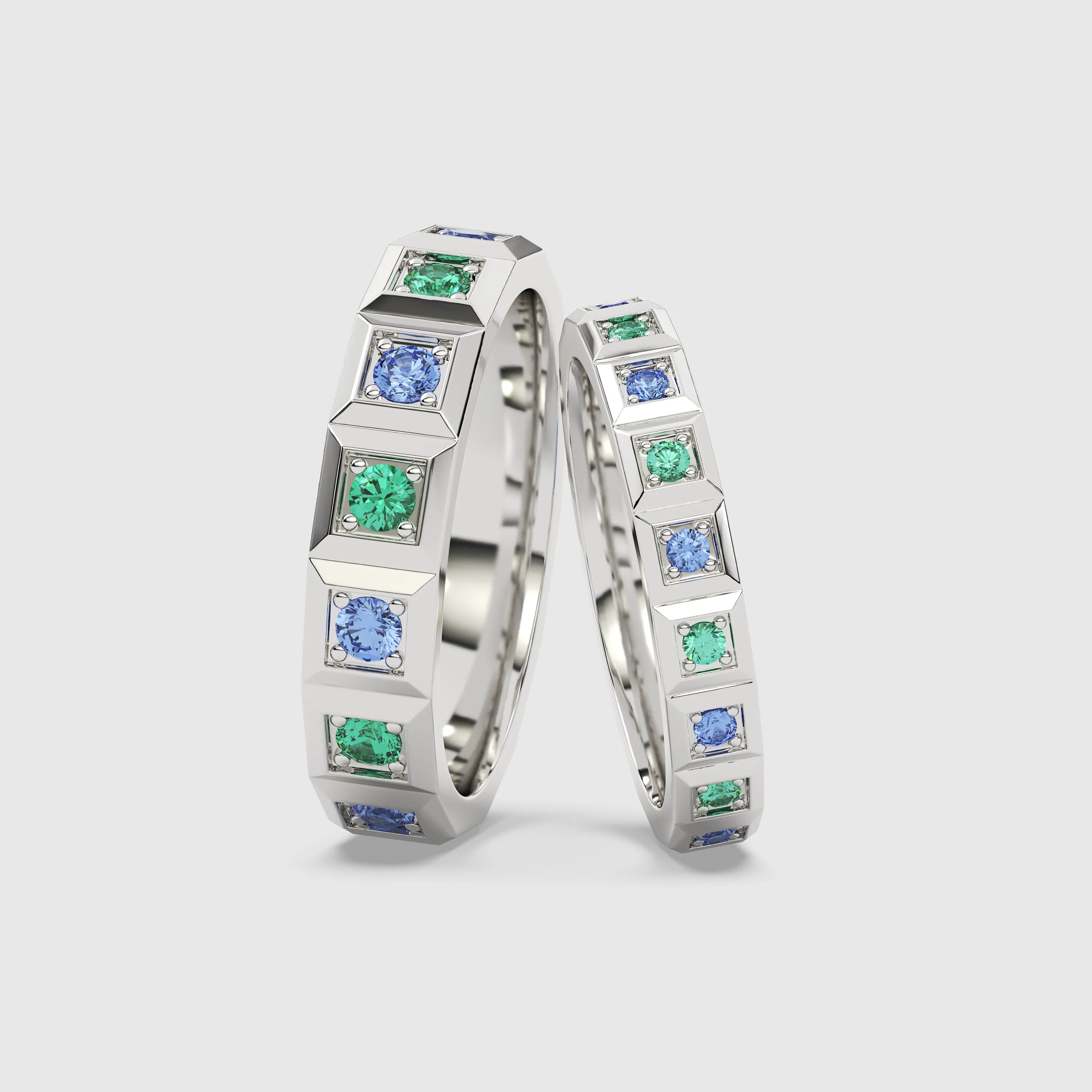 Emerald & Sapphire Geometric Couple Ring 2PCs