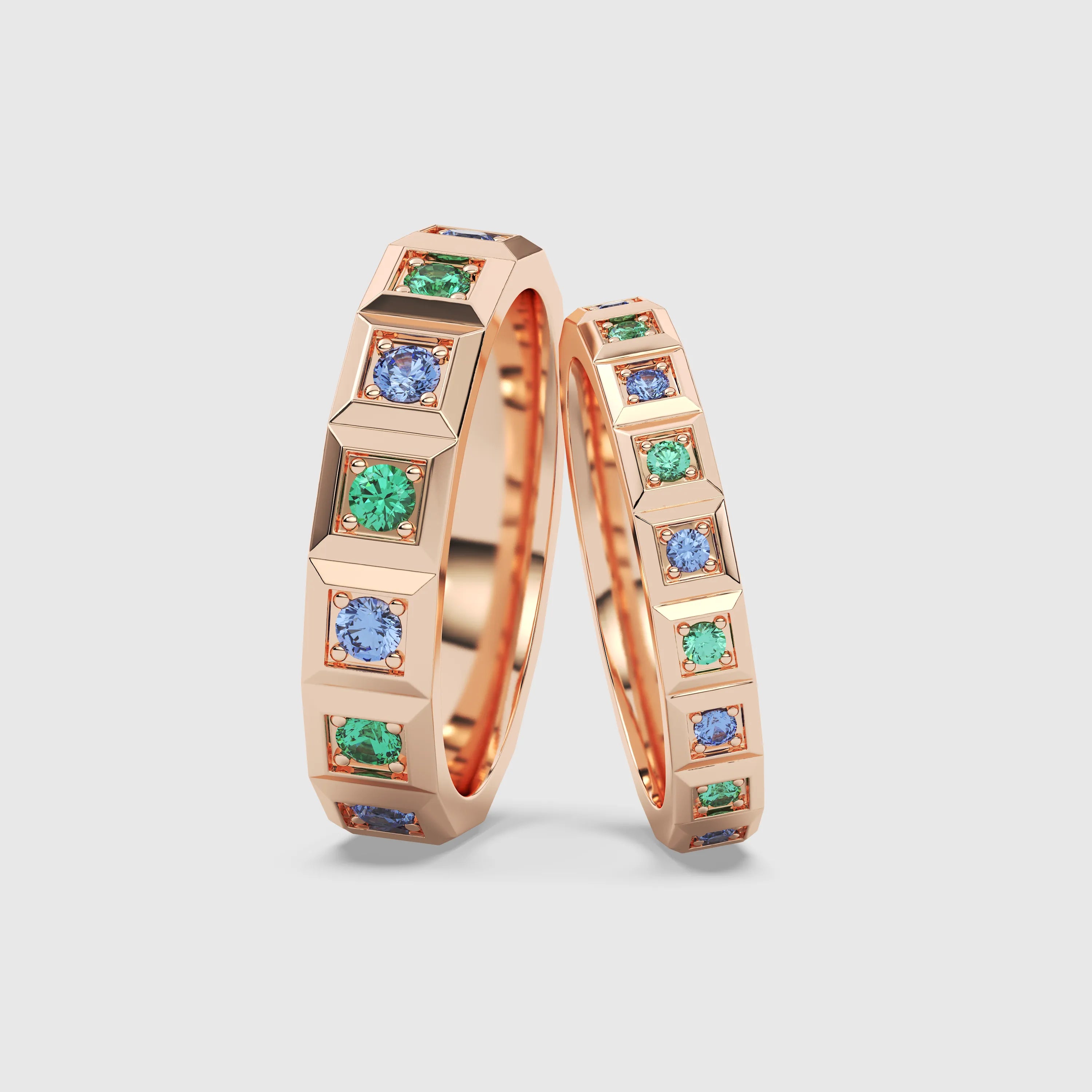 Emerald & Sapphire Geometric Couple Ring 2PCs