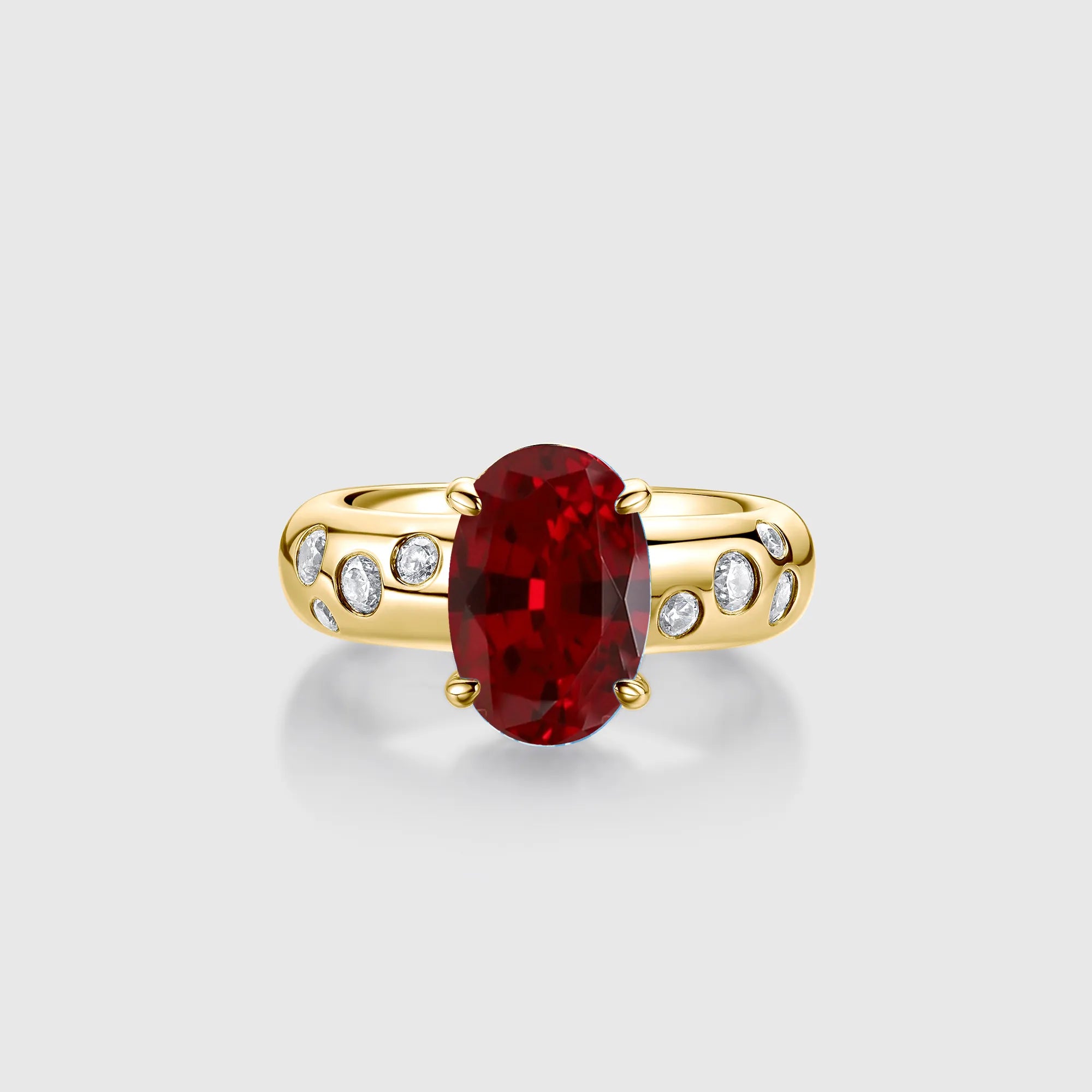 Oval Ruby Engagement Ring with Bezel Side Stones