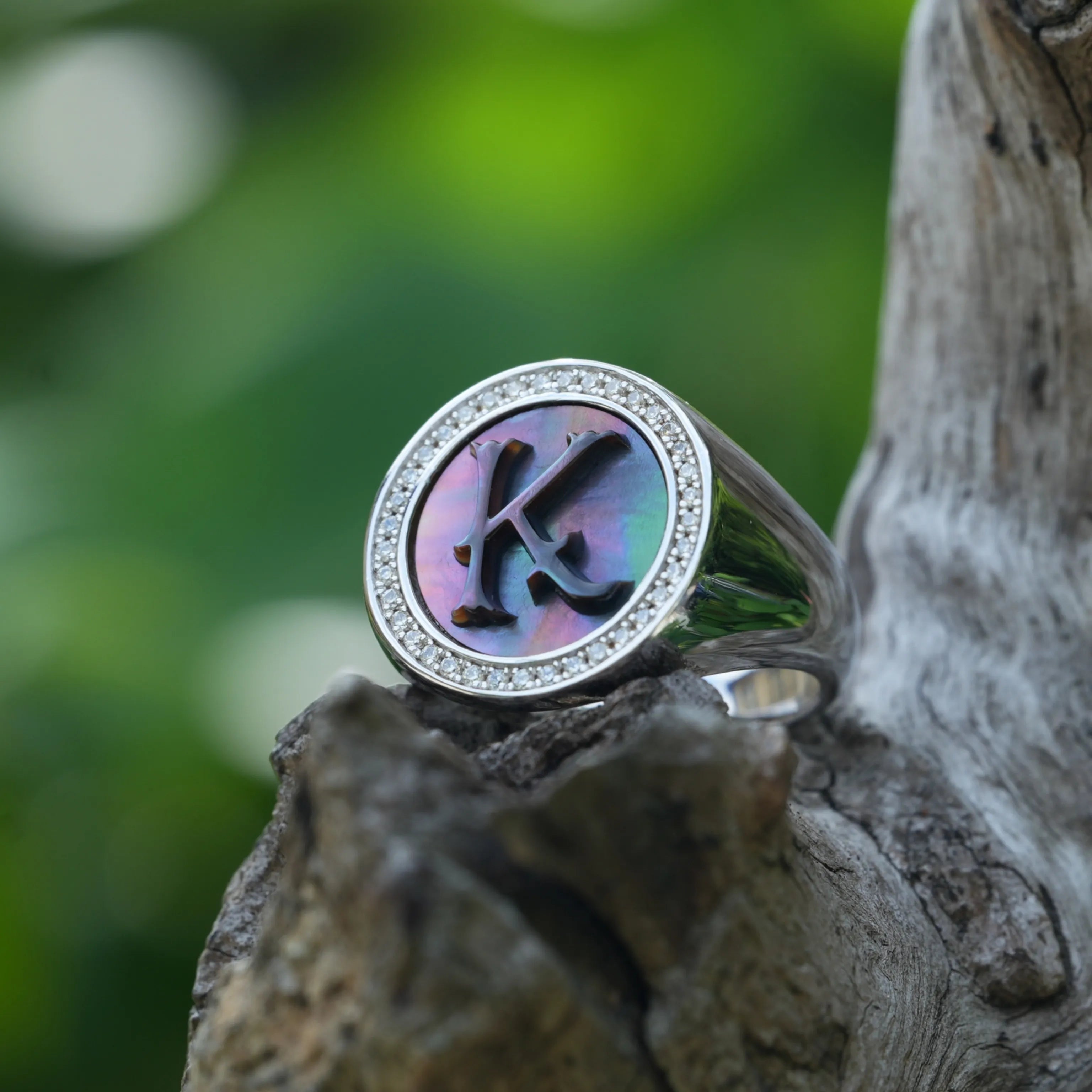 Initial K Letter Series Mother of Pearl and Diamond Signet Ring