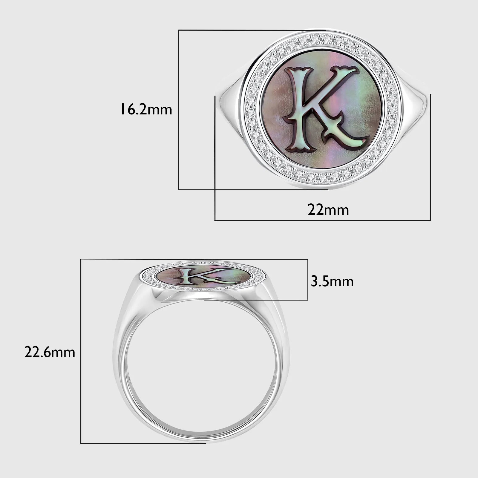 Initial K Letter Series Mother of Pearl and Diamond Signet Ring