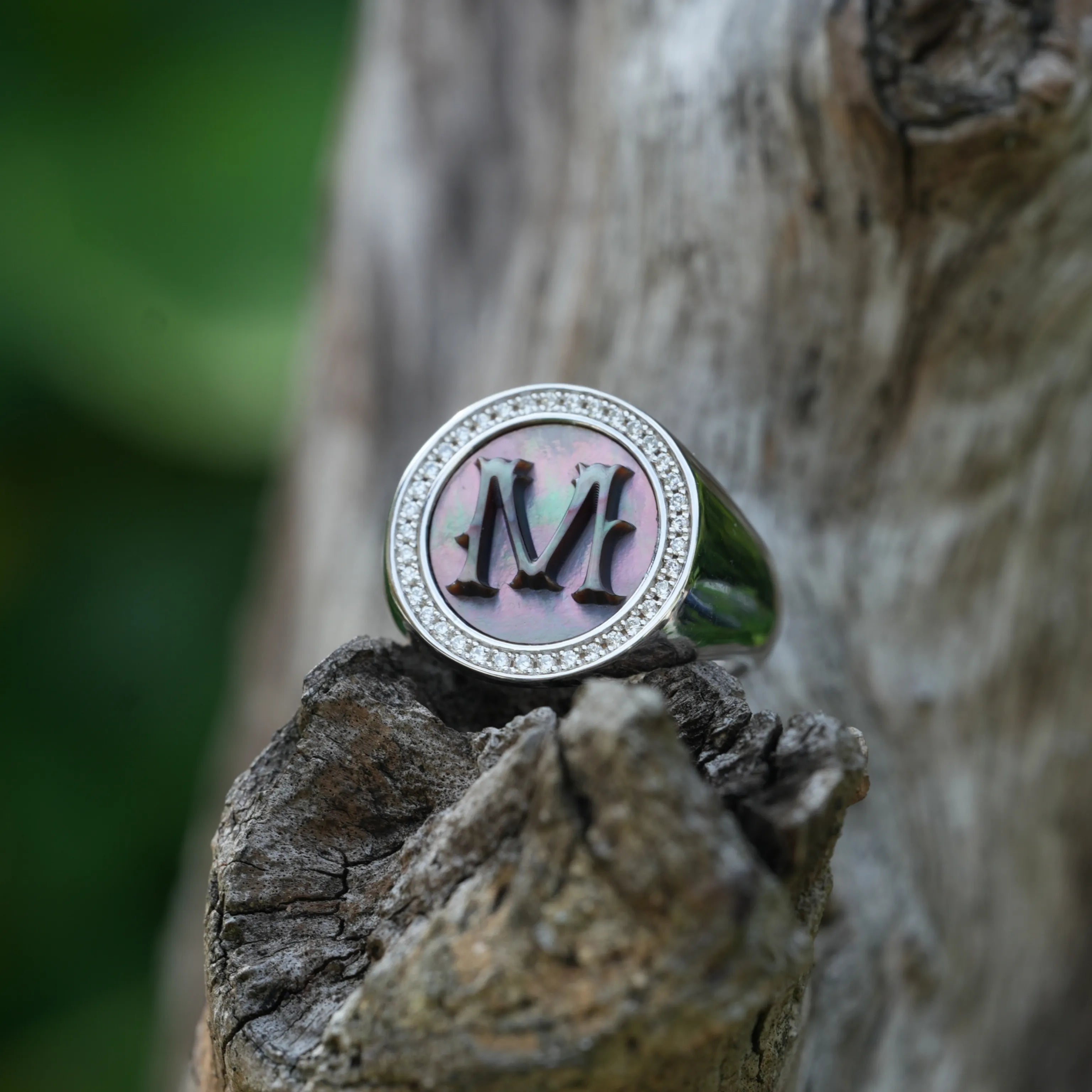 Initial M Letter Series Mother of Pearl and Diamond Signet Ring