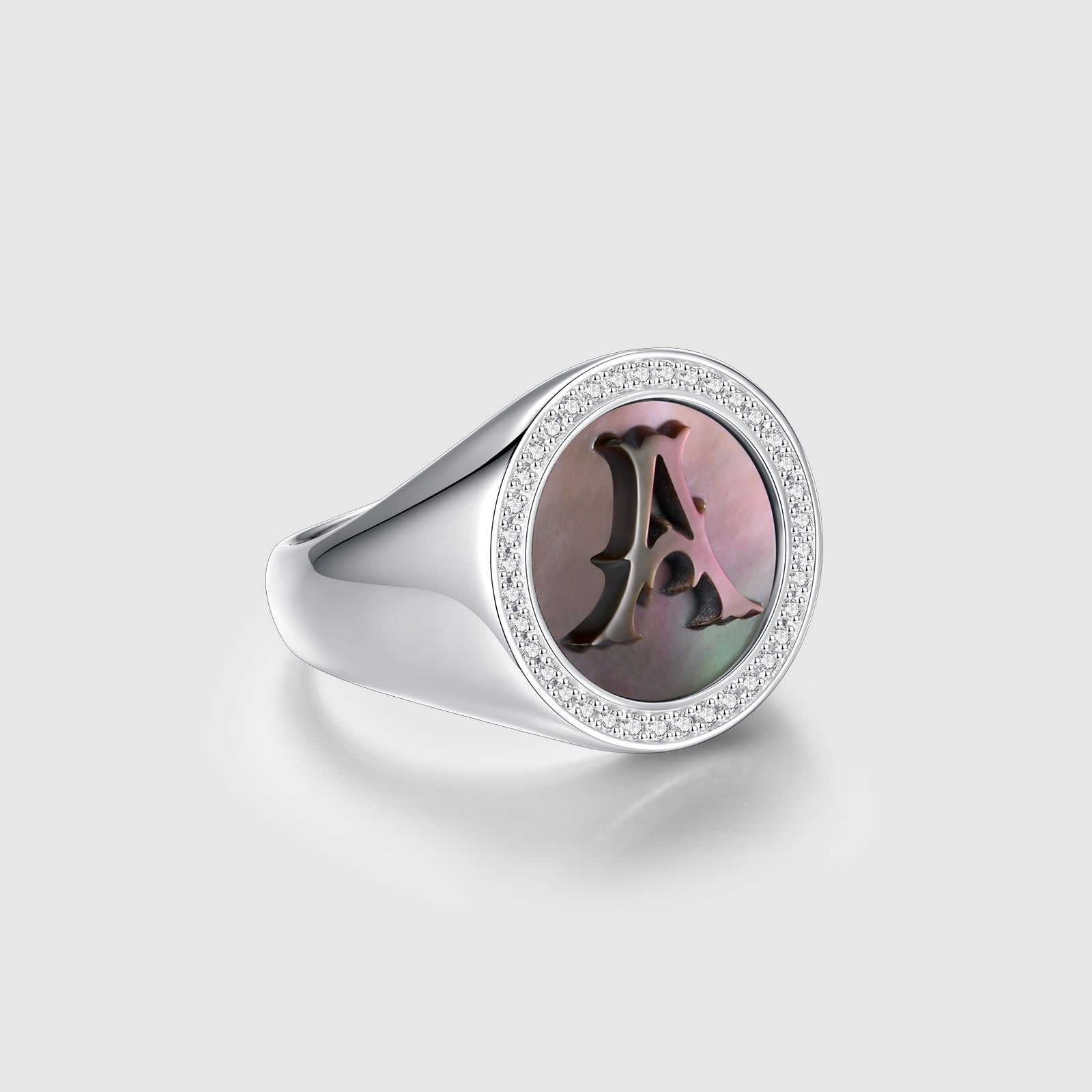 Letter A Ring with Lab-Grown Diamonds and Mother of Pearl Inlay
