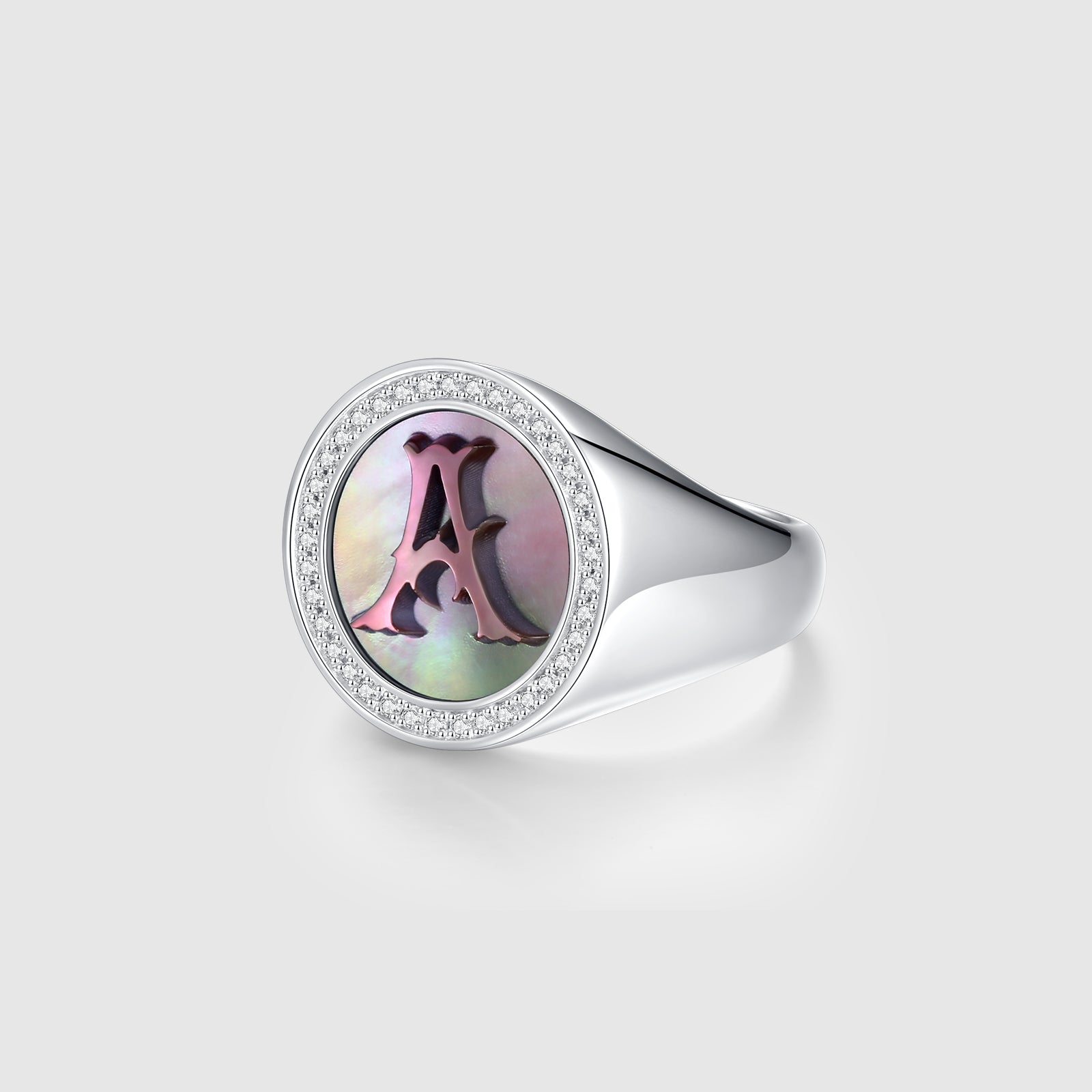 Letter A Ring with Lab-Grown Diamonds and Mother of Pearl Inlay