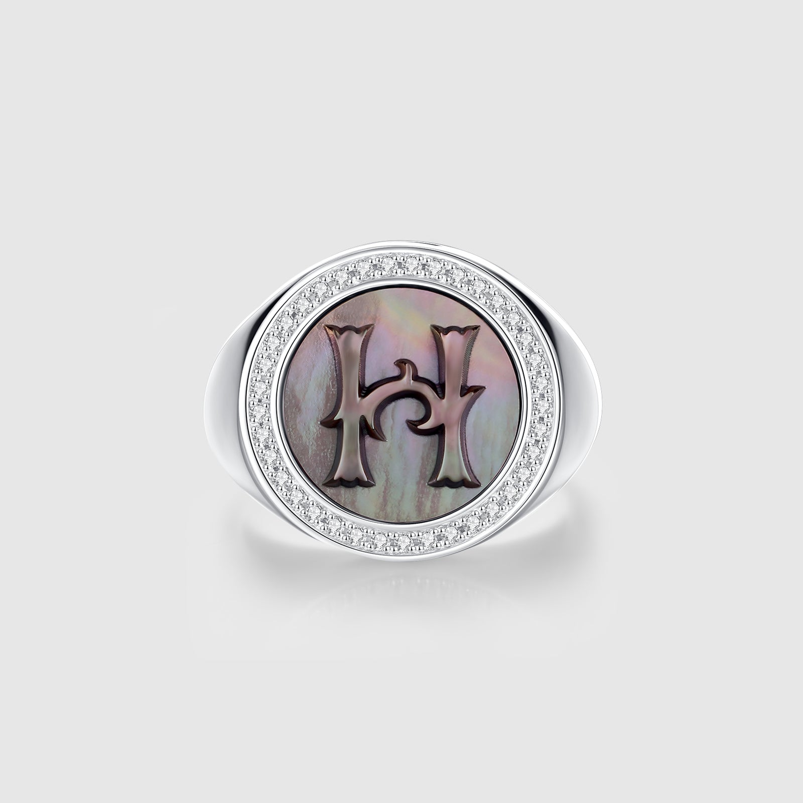 Letter H Ring with Lab-Grown Diamonds and Mother of Pearl Inlay