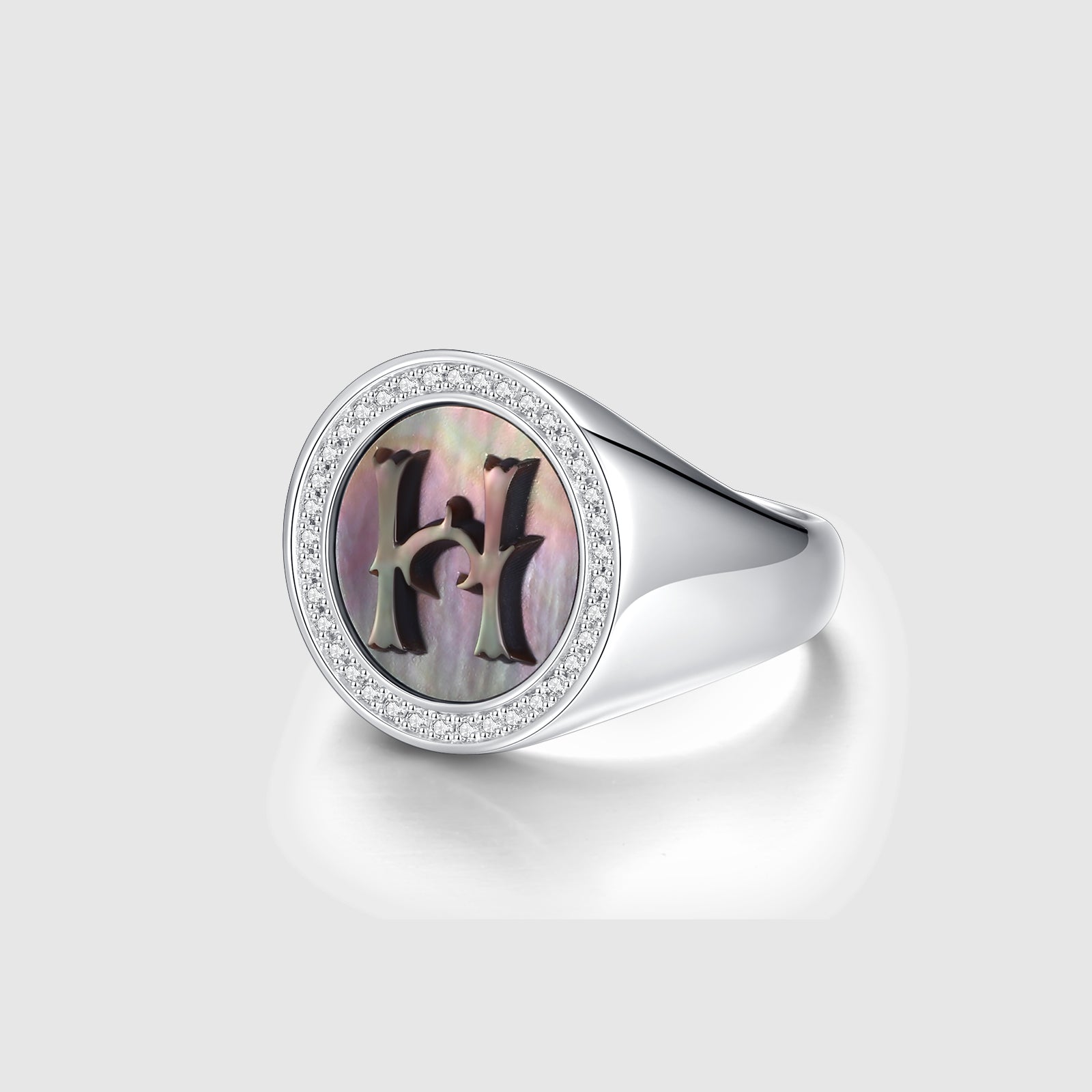 Letter H Ring with Lab-Grown Diamonds and Mother of Pearl Inlay