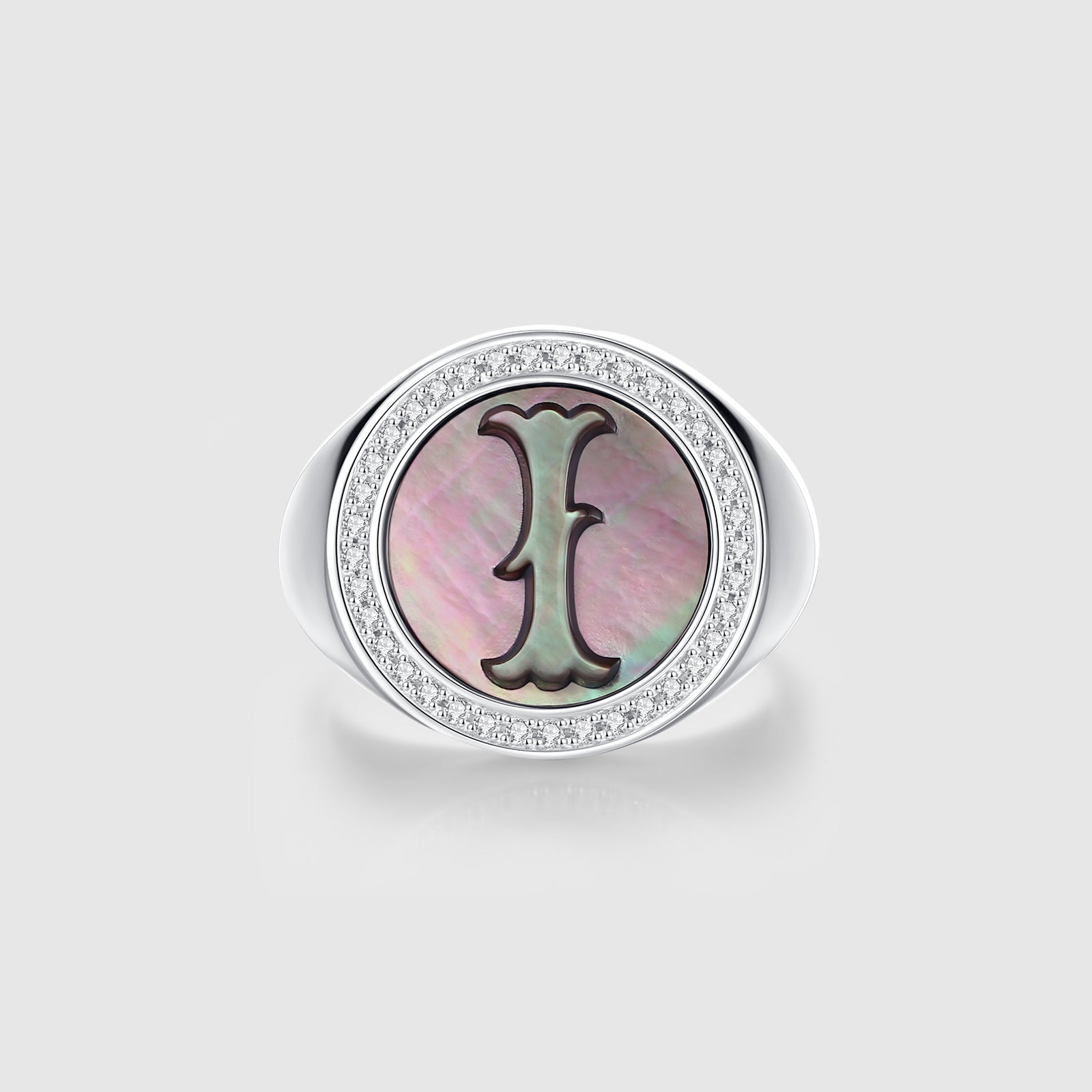 Initial I Letter Series Mother of Pearl and Diamond Signet Ring