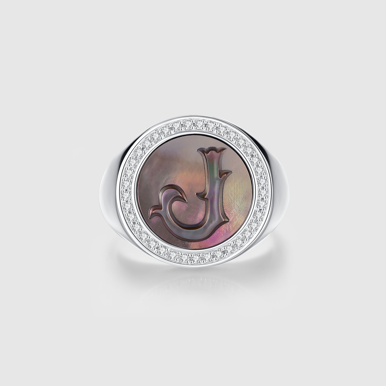 Initial J Letter Series Mother of Pearl and Diamond Signet Ring