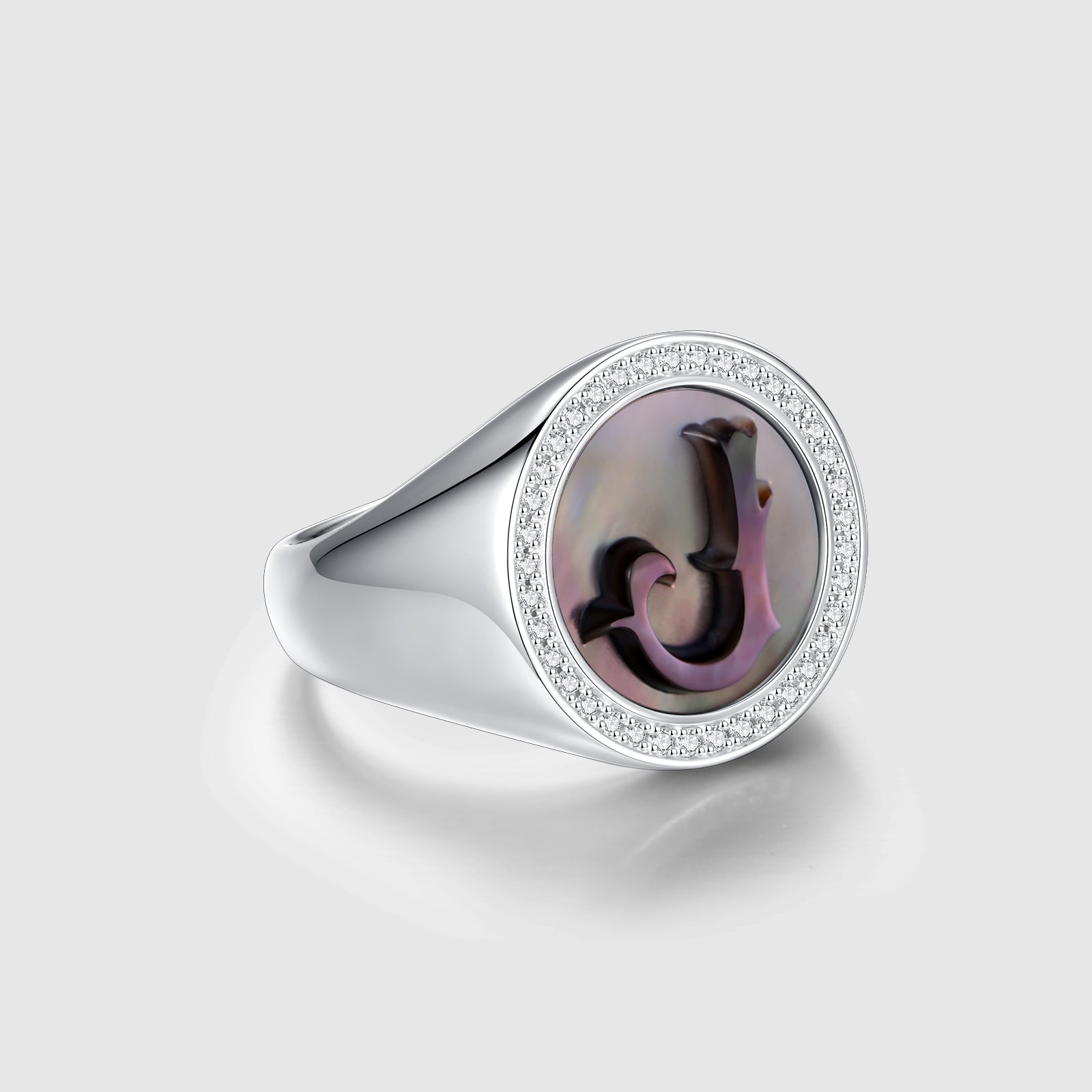 Initial J Letter Series Mother of Pearl and Diamond Signet Ring