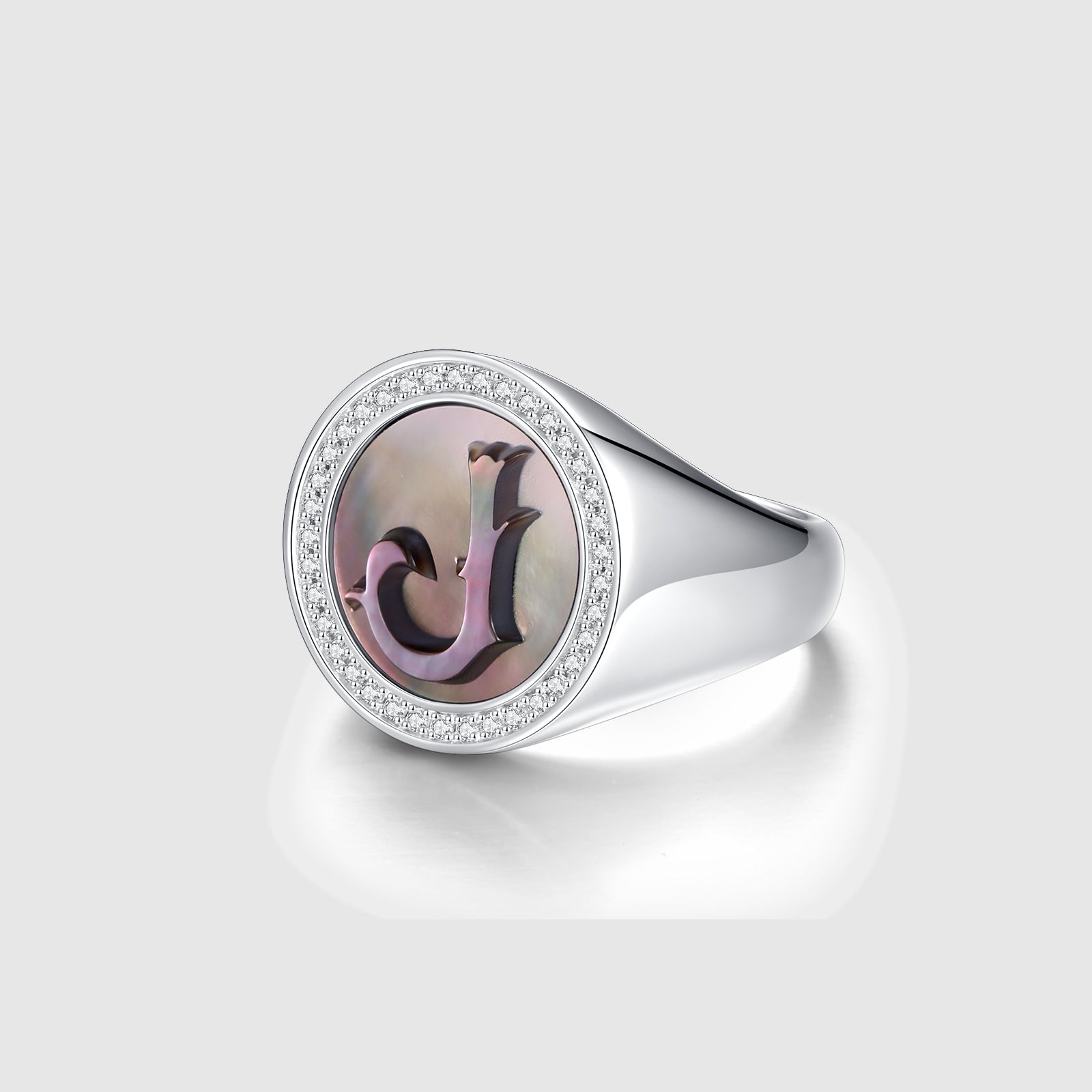 Initial J Letter Series Mother of Pearl and Diamond Signet Ring
