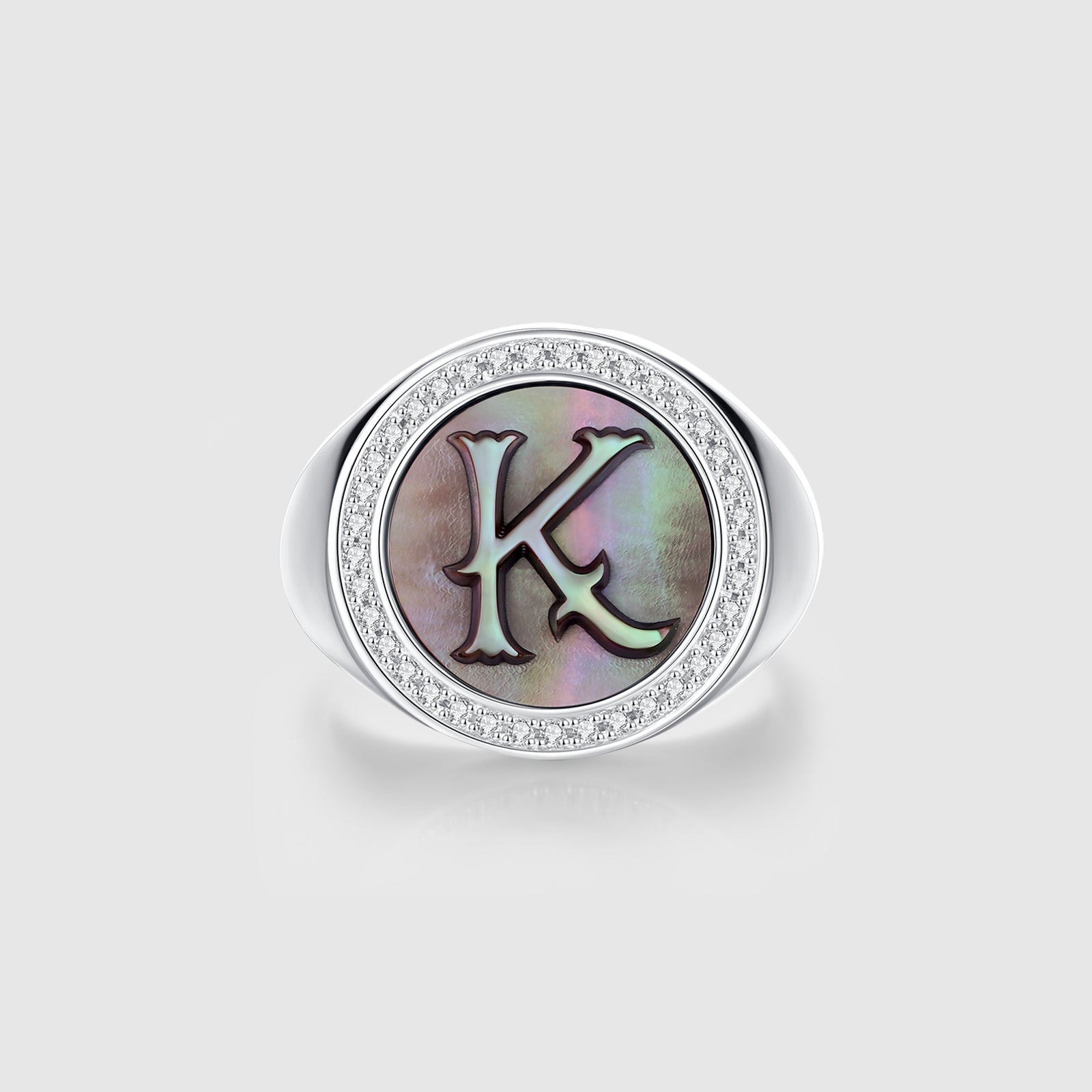 Initial K Letter Series Mother of Pearl and Diamond Signet Ring