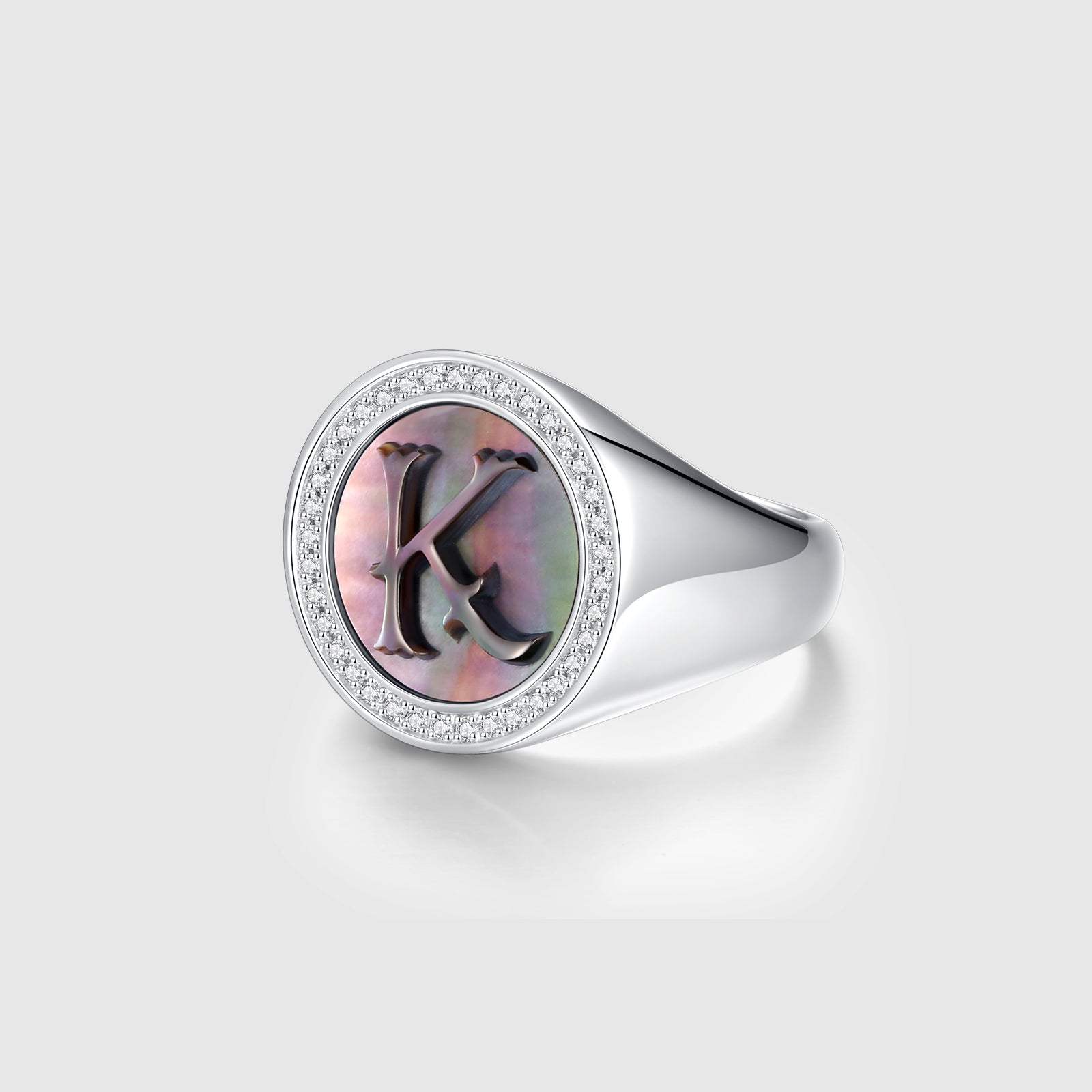 Initial K Letter Series Mother of Pearl and Diamond Signet Ring