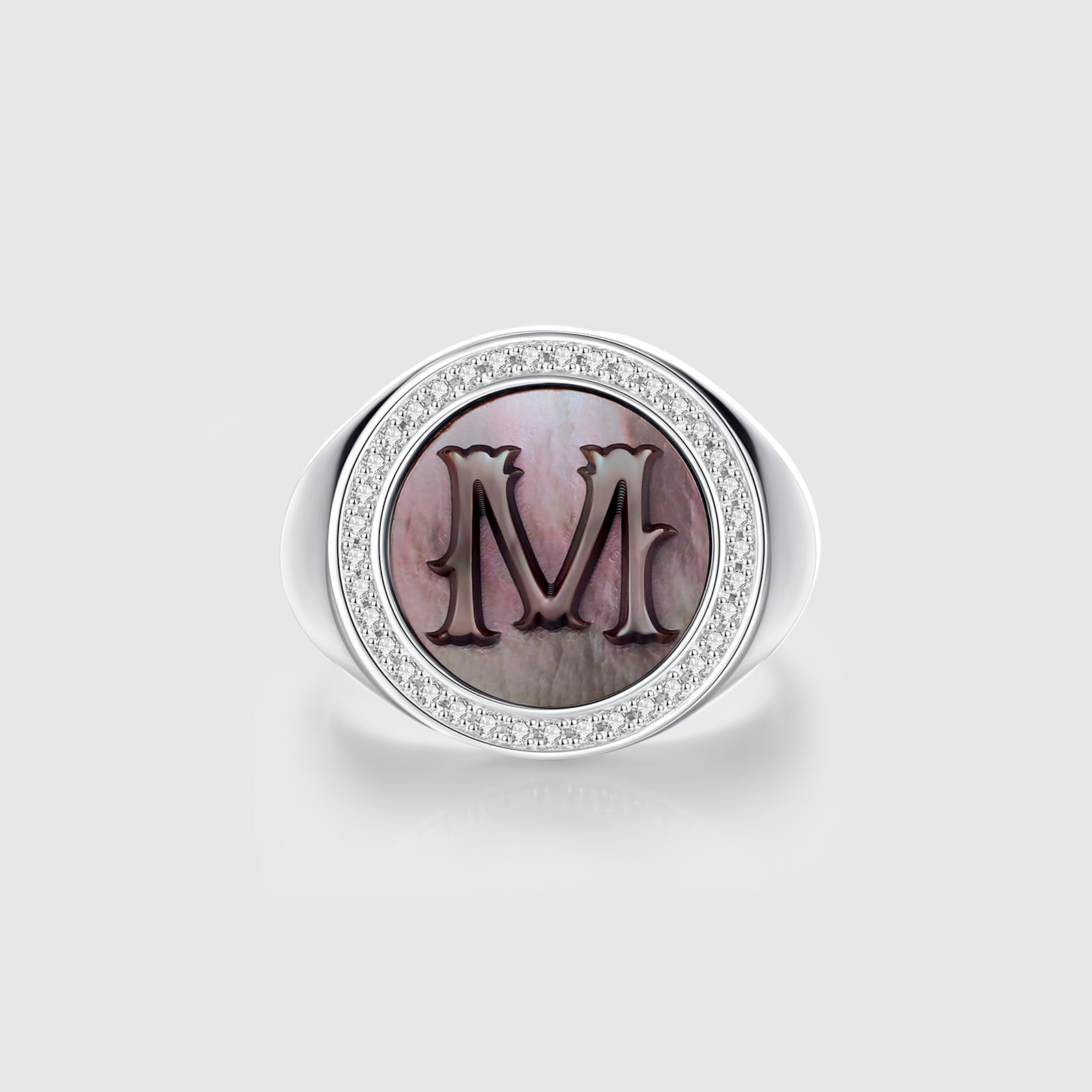 Initial M Letter Series Mother of Pearl and Diamond Signet Ring