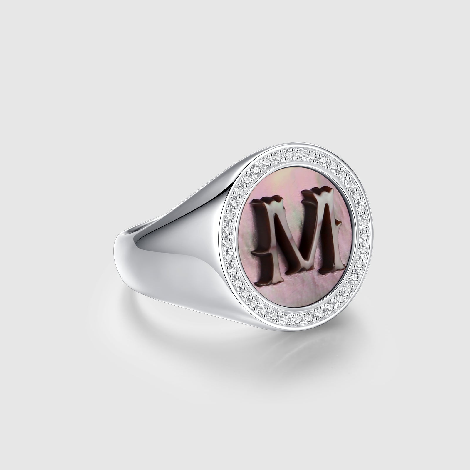 Initial M Letter Series Mother of Pearl and Diamond Signet Ring