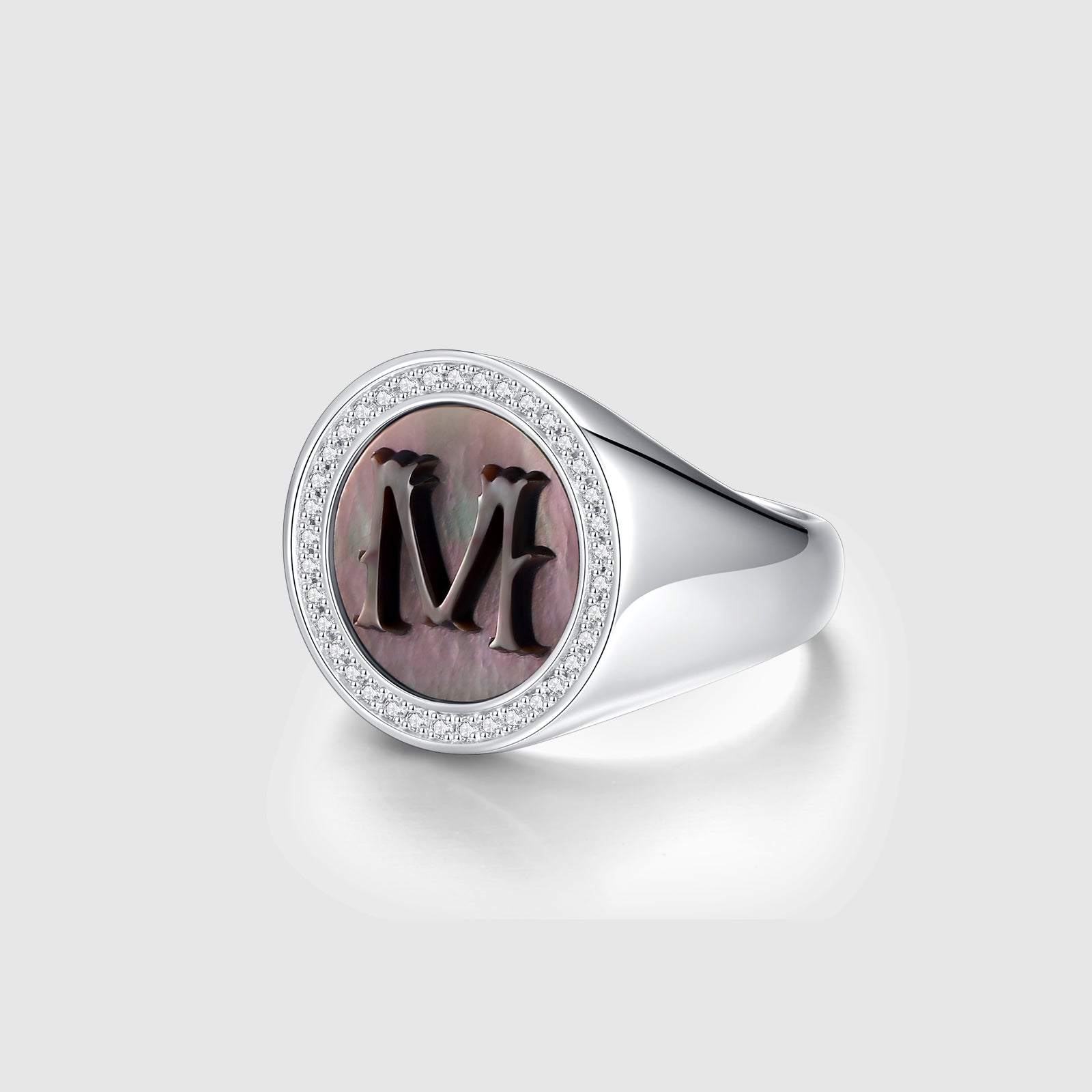 Initial M Letter Series Mother of Pearl and Diamond Signet Ring