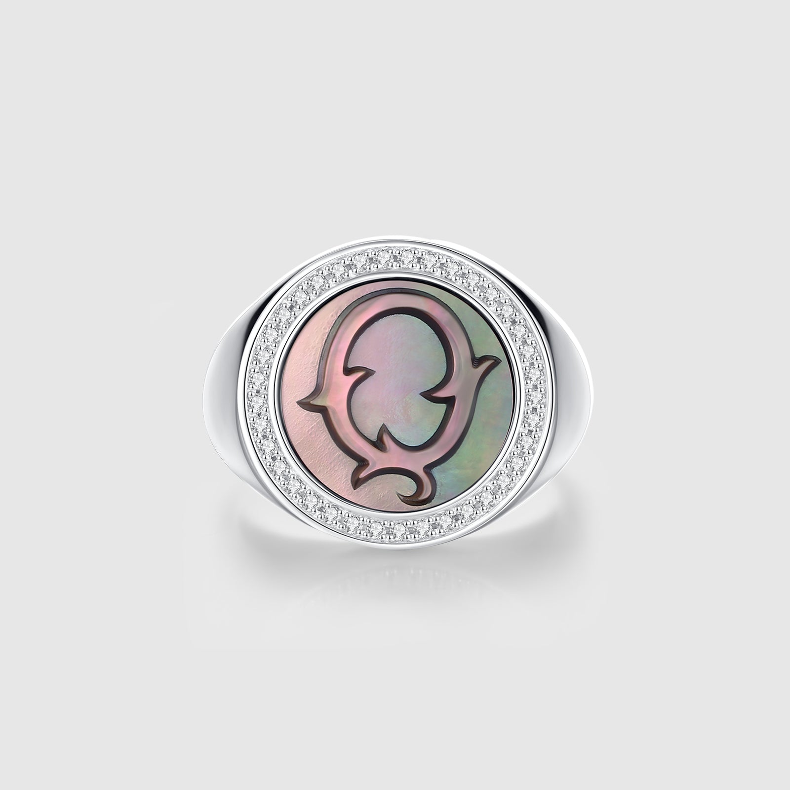 Initial Q Letter Series Mother of Pearl and Diamond Signet Ring