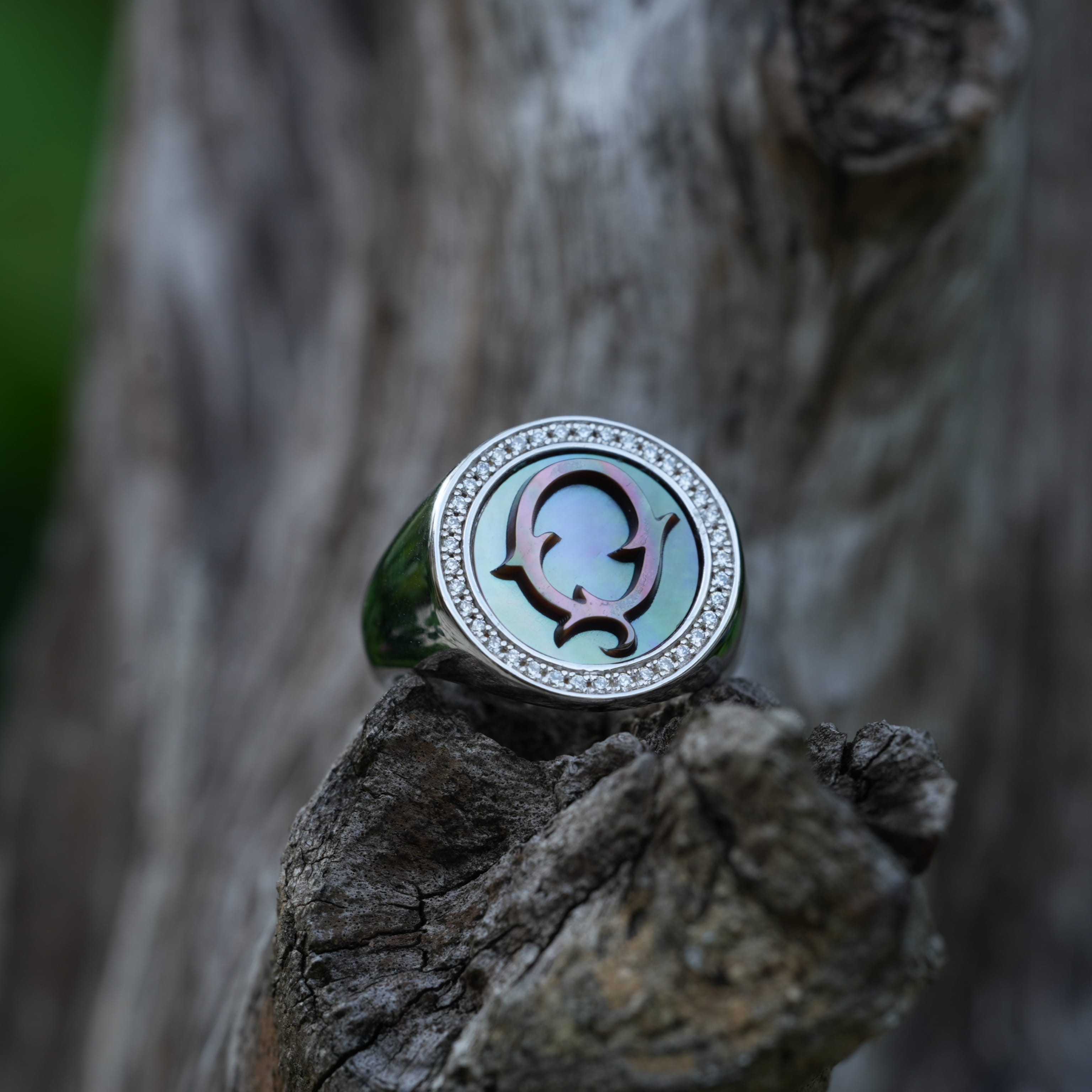 Initial Q Letter Series Mother of Pearl and Diamond Signet Ring