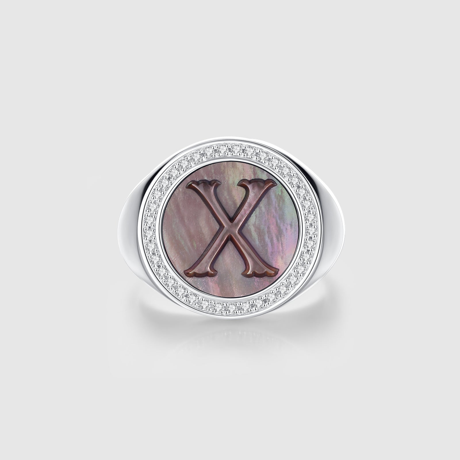 Initial X Letter Series Mother of Pearl and Diamond Signet Ring