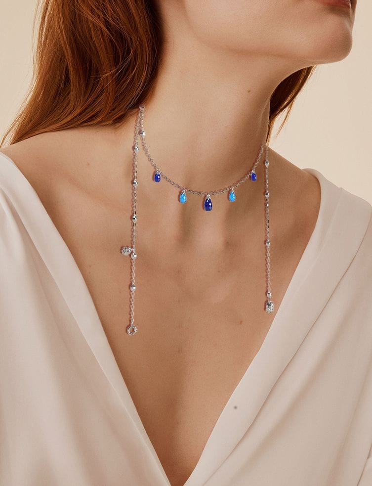 Blue Rose Inspired Teardrop Gemstone Lariat Necklace