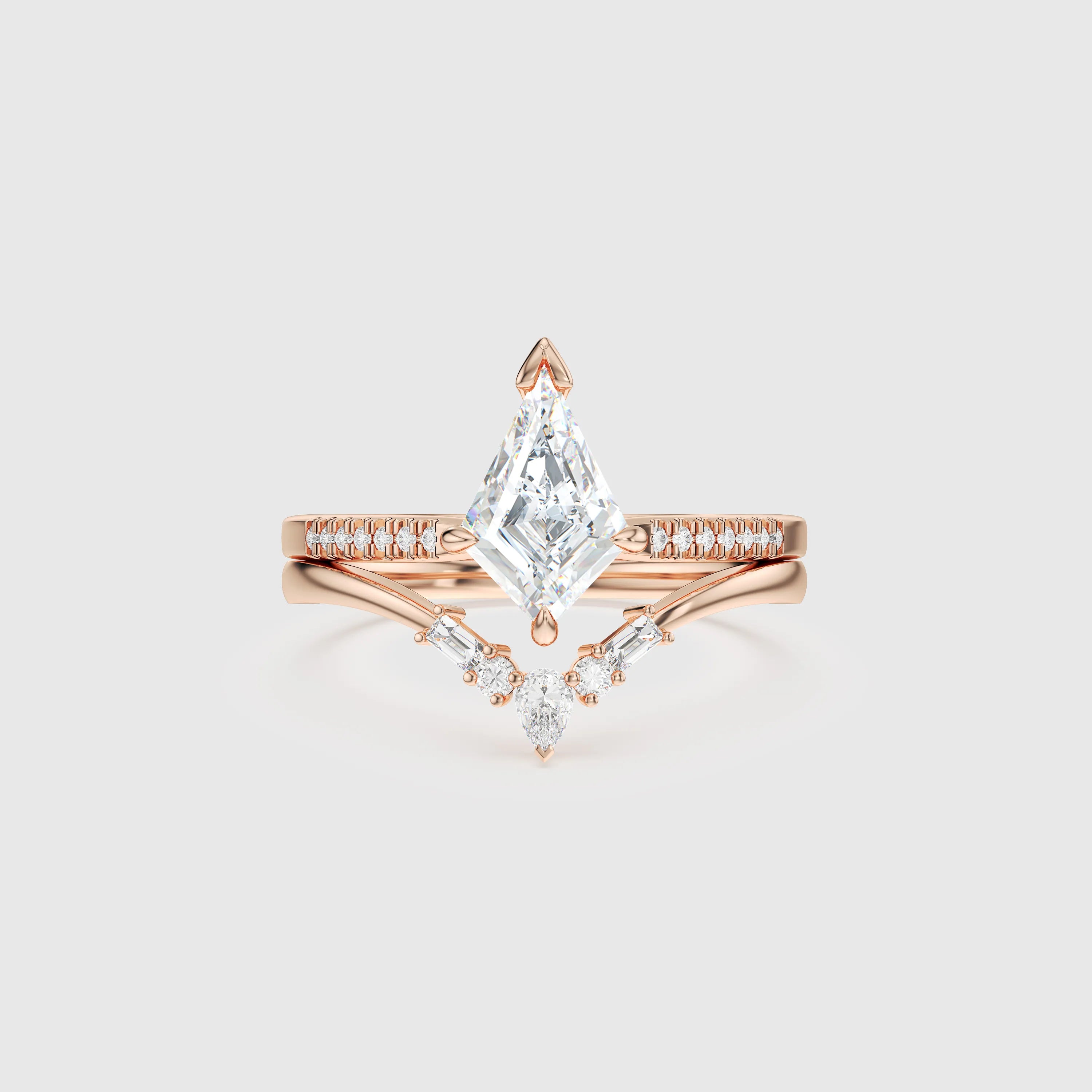 Unique Kite Diamond Ring Set with Matching Band Modern K Gold Bridal Set