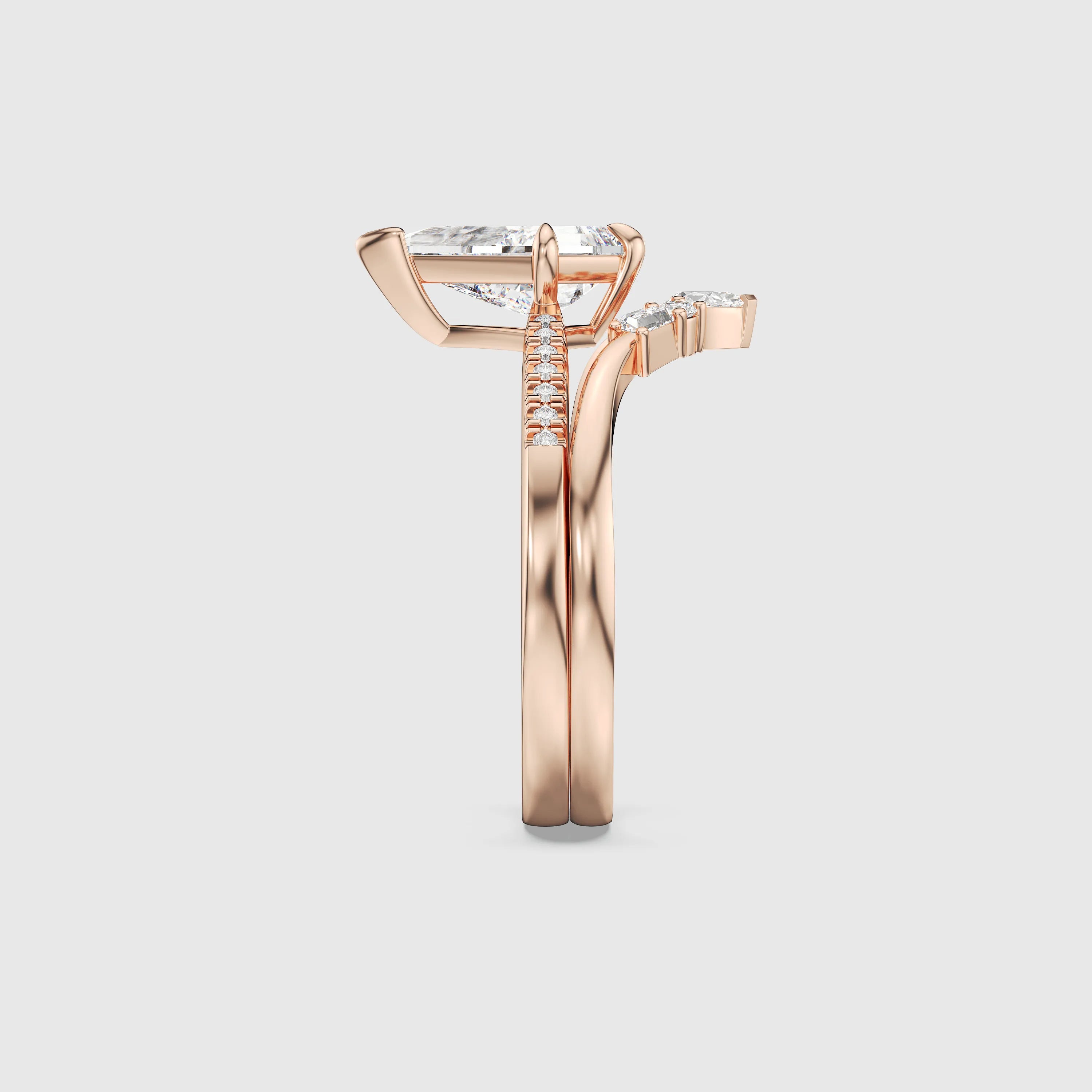 Unique Kite Diamond Ring Set with Matching Band Modern K Gold Bridal Set