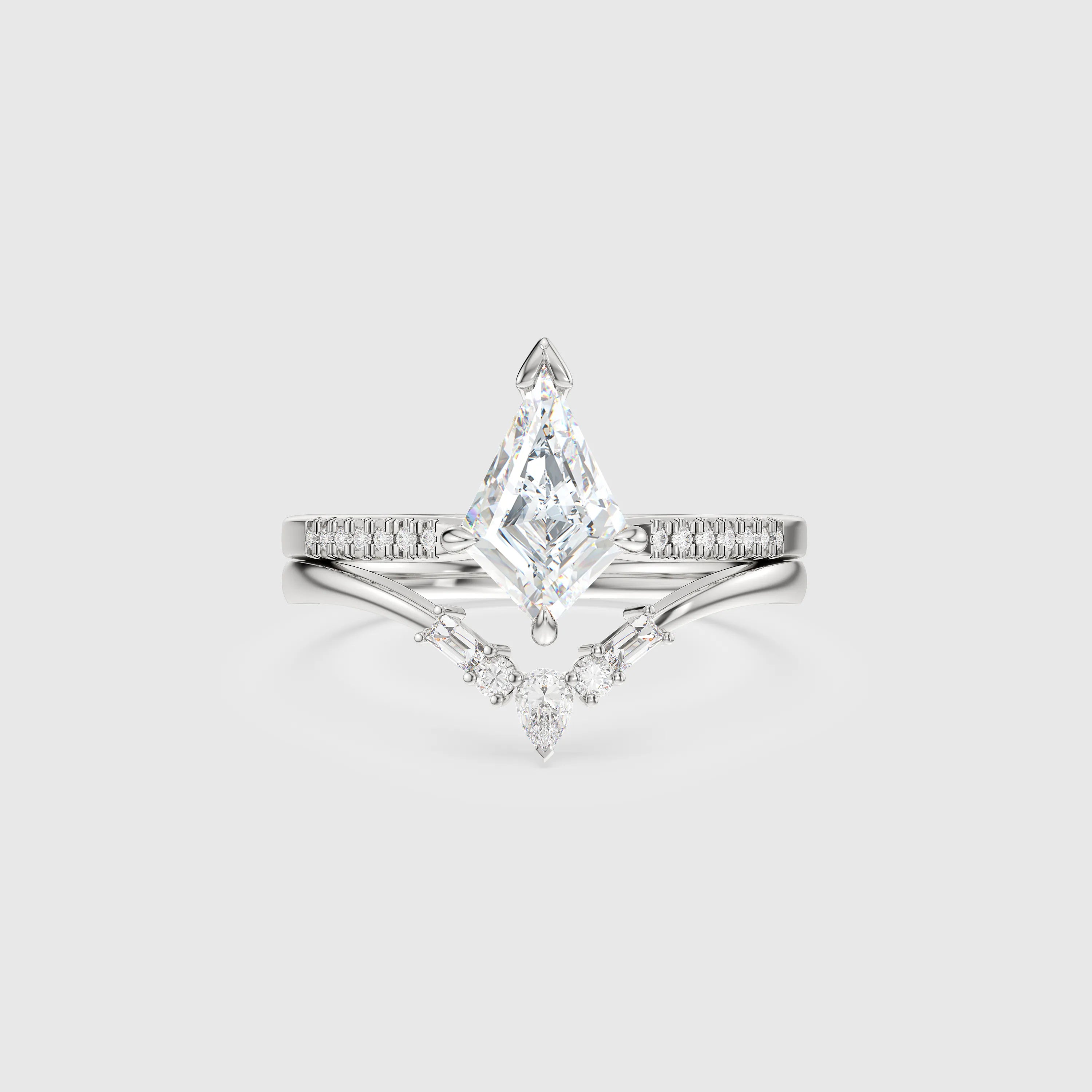 Unique Kite Diamond Ring Set with Matching Band Modern K Gold Bridal Set