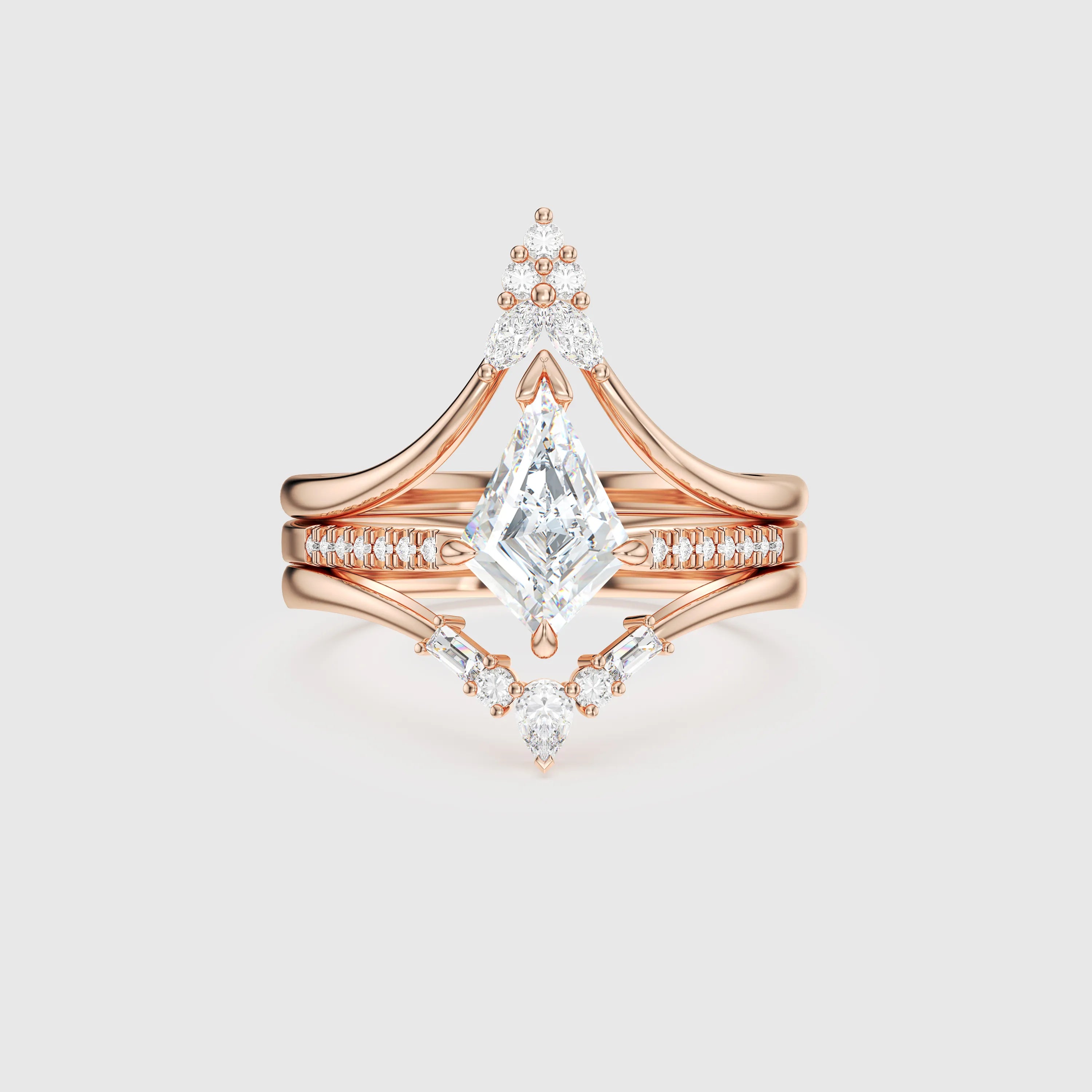 Kite Cut Diamond 3-Piece Bridal Set – Unique Art Deco Engagement & Wedding Ring
