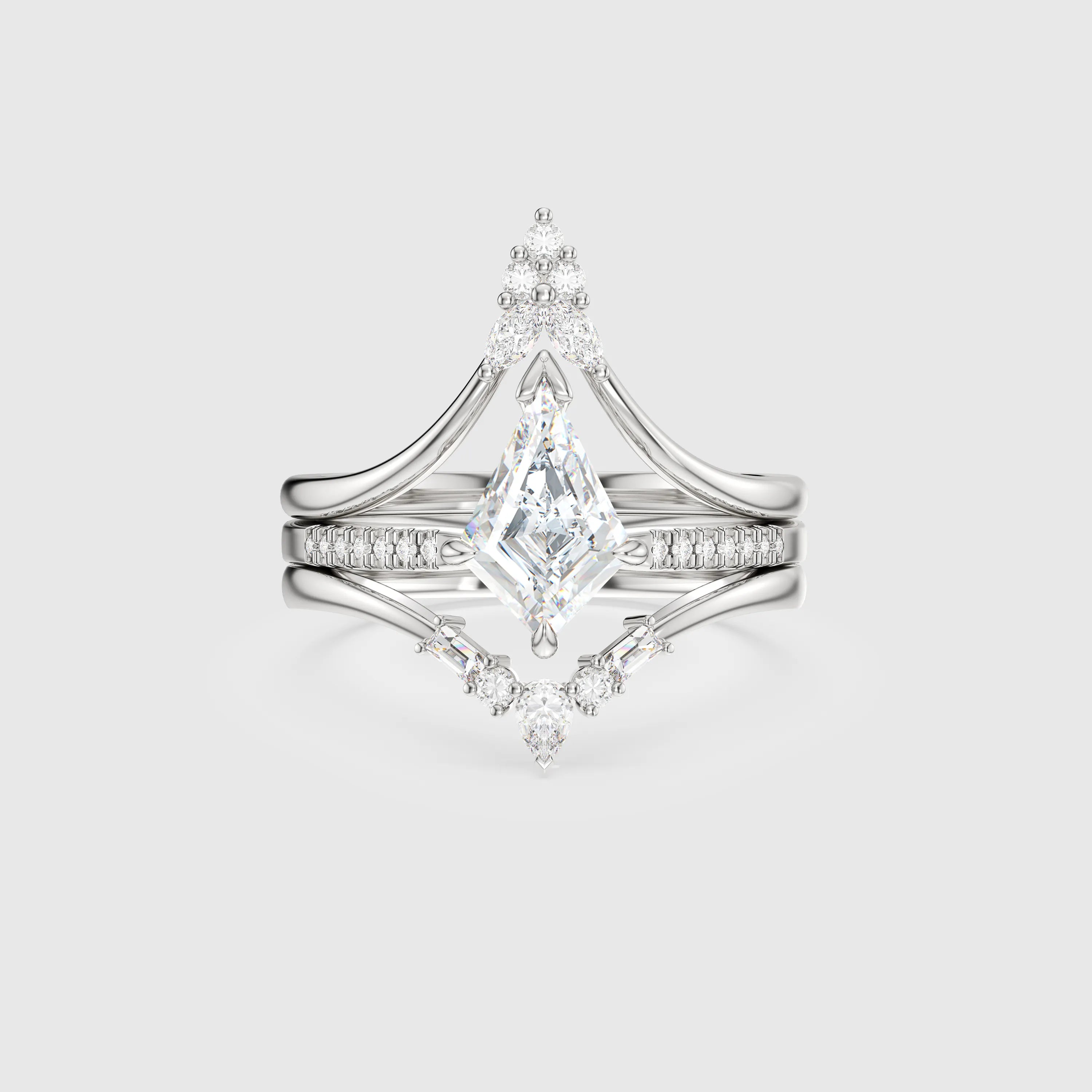 Kite Cut Diamond 3-Piece Bridal Set – Unique Art Deco Engagement & Wedding Ring