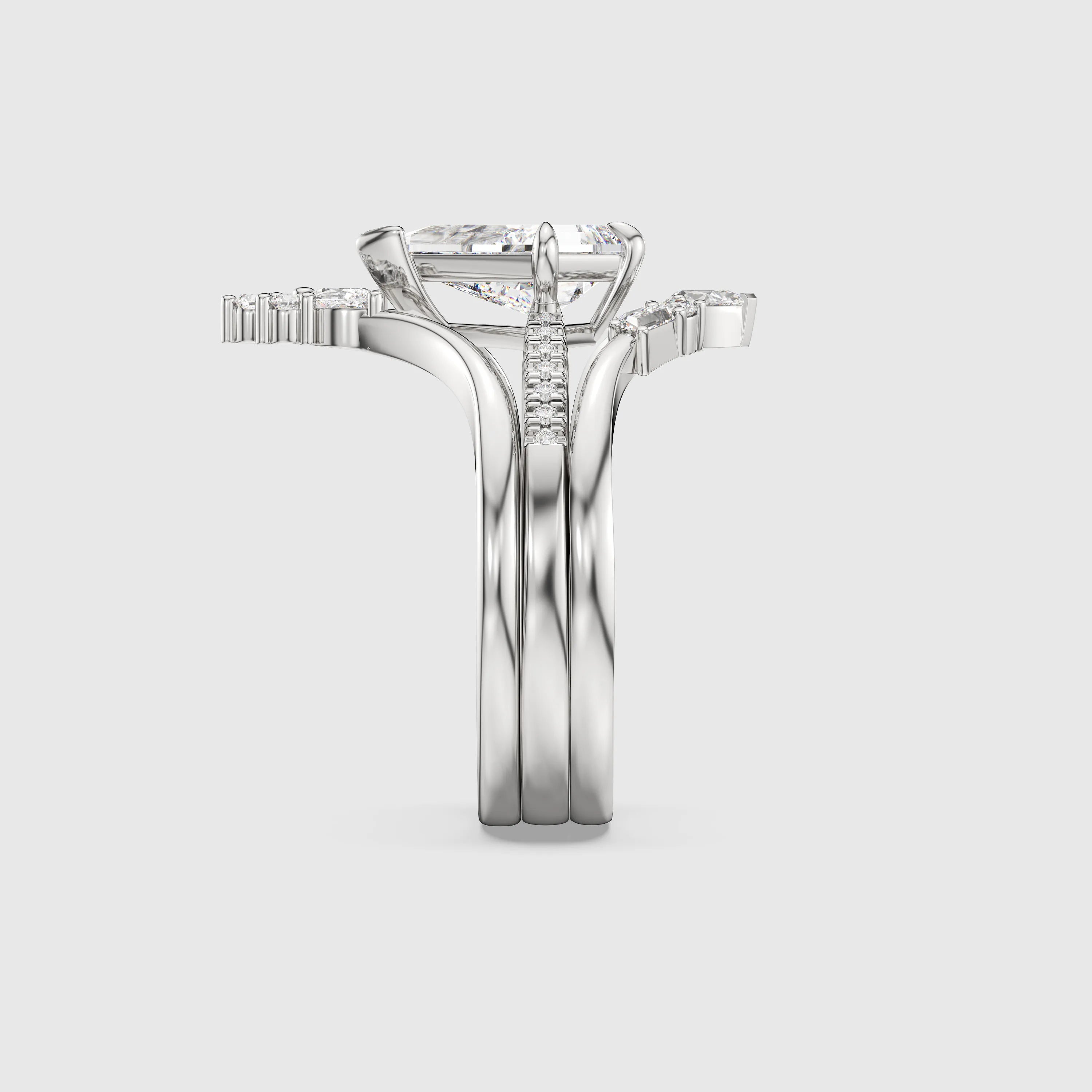 Kite Cut Diamond 3-Piece Bridal Set – Unique Art Deco Engagement & Wedding Ring