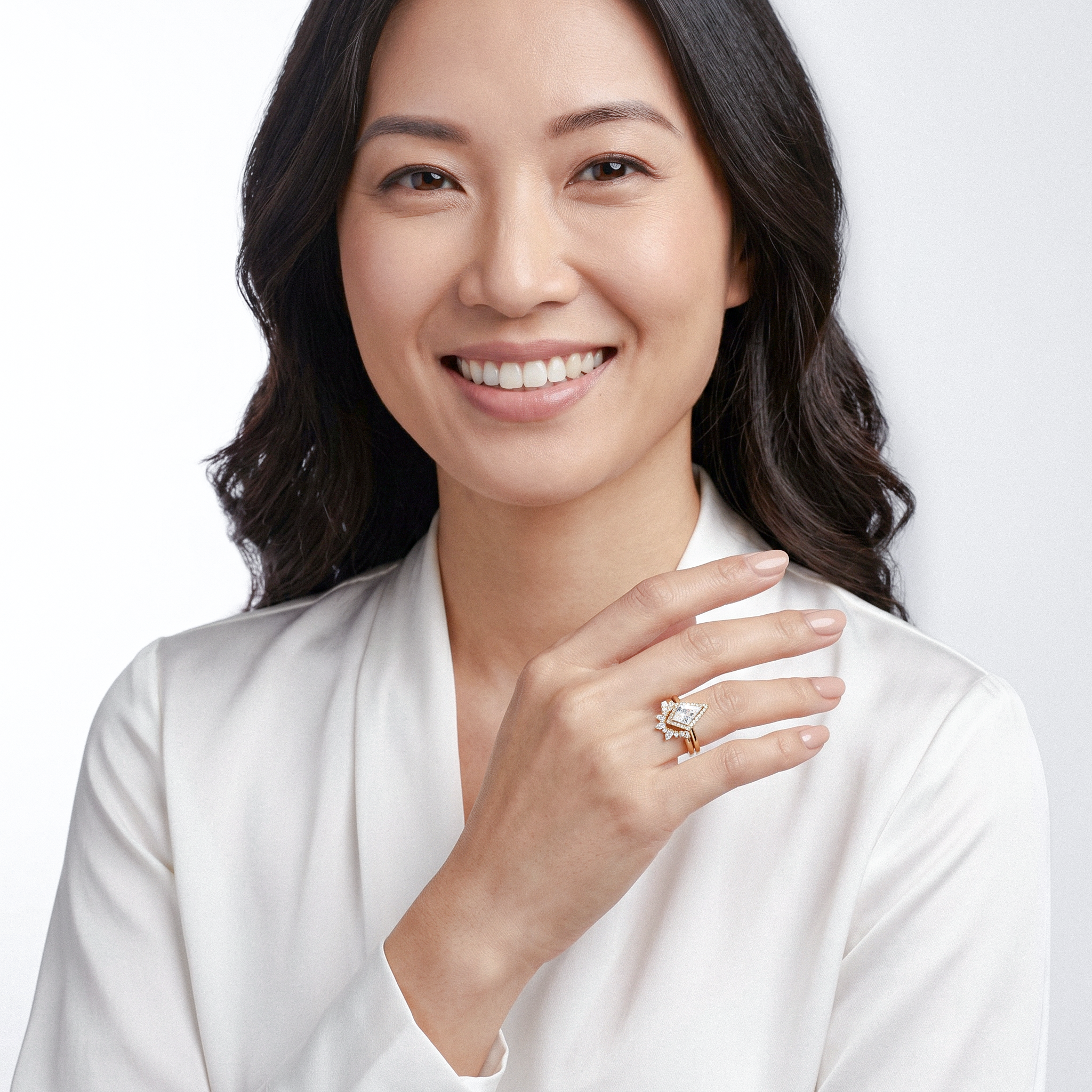 Woman wearing halo kite shape diamond ring set 2pcs on a white background
