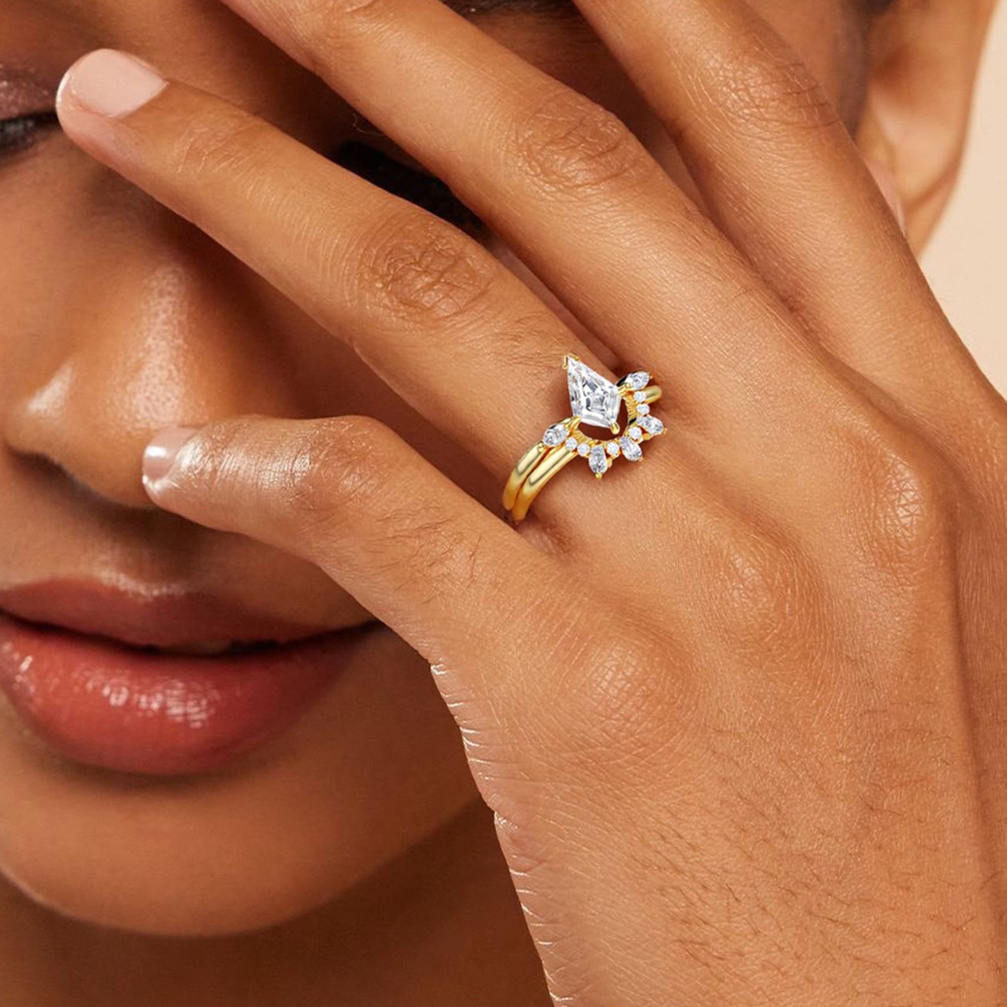 NEXUS Kite Cut Lab Diamond Three Stone Bridal Set 2PCs