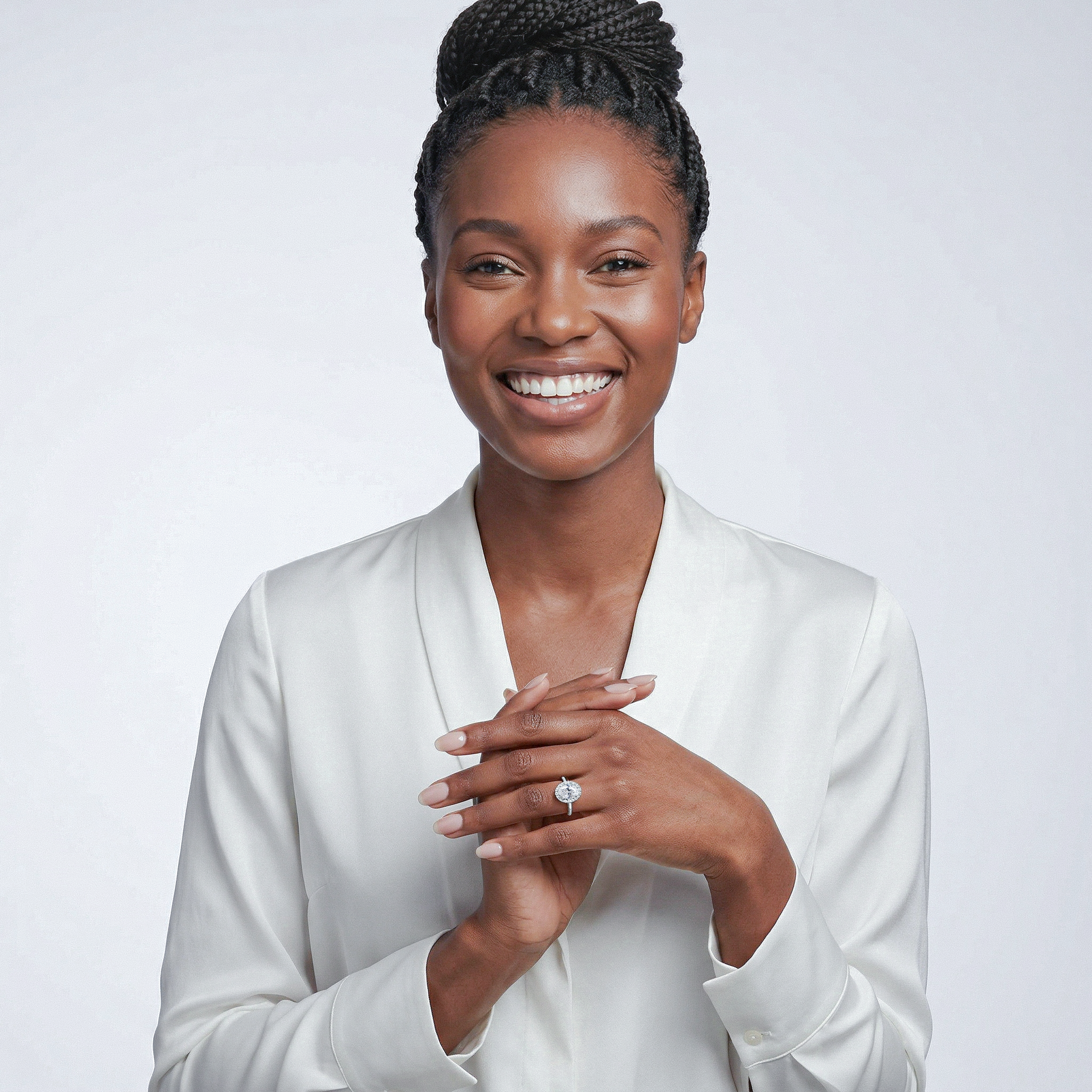 Woman wearing a white halo oval diamond ring with a plain background