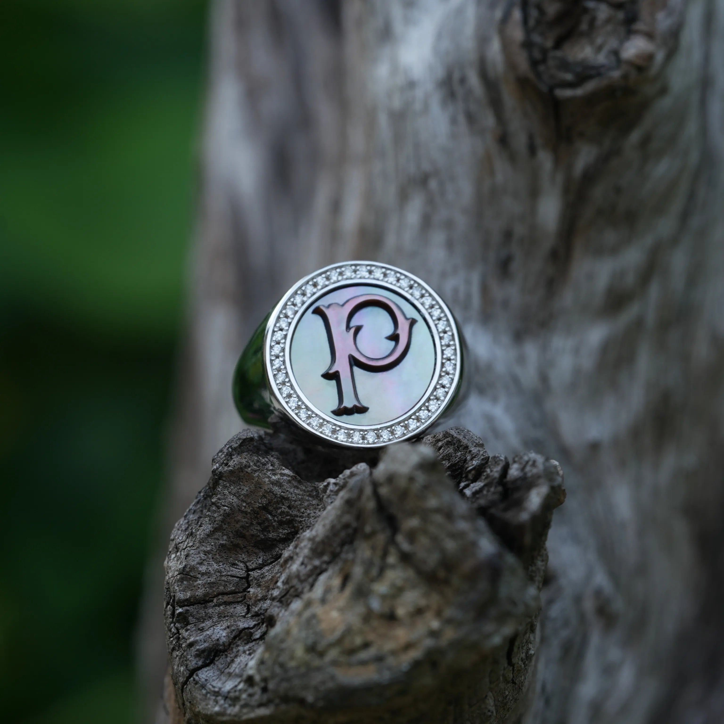 Initial P Letter Series Mother of Pearl and Diamond Signet Ring
