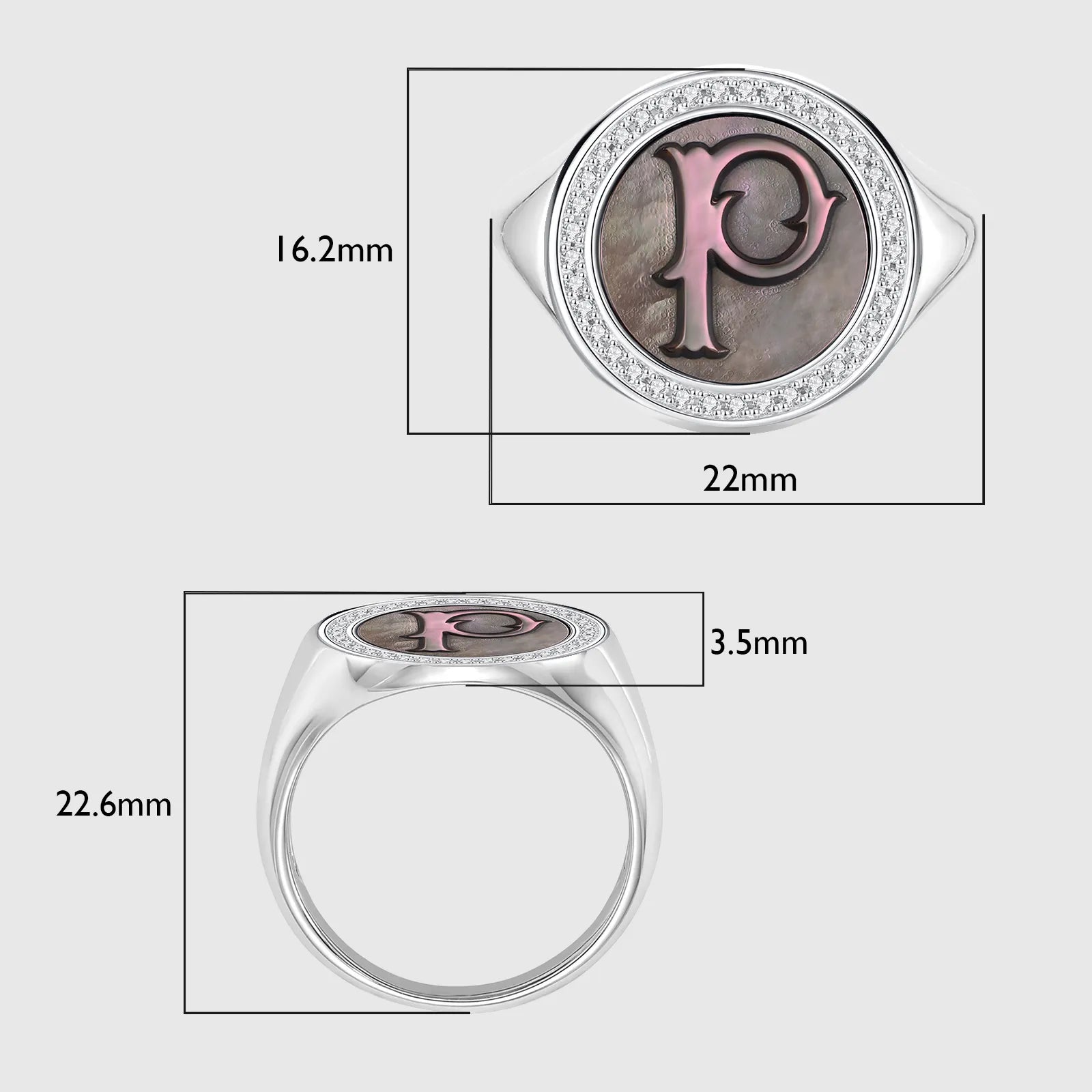 Initial P Letter Series Mother of Pearl and Diamond Signet Ring