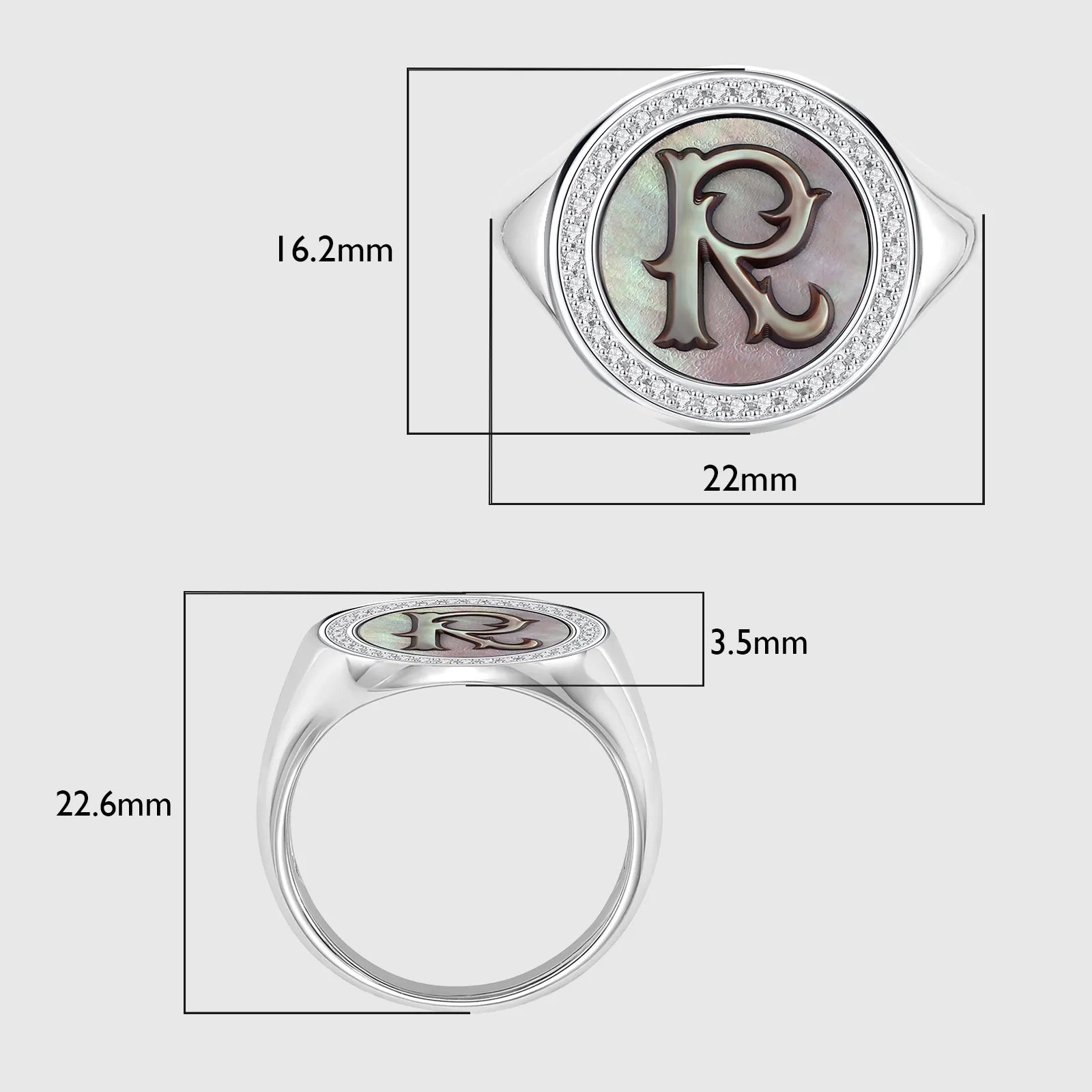 Initial R Letter Series Mother of Pearl and Diamond Signet Ring
