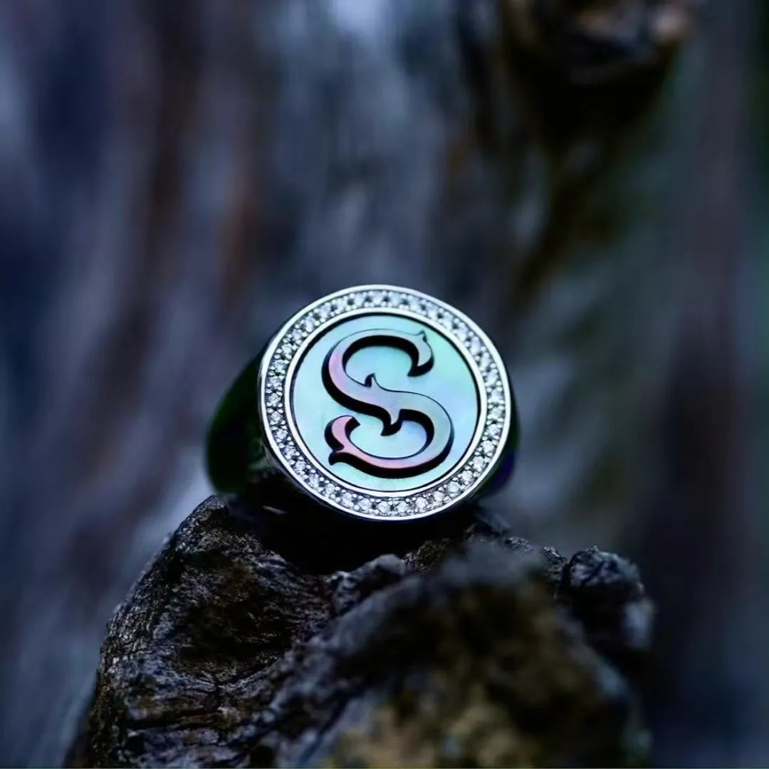 Initial S Letter Series Mother of Pearl and Diamond Signet Ring